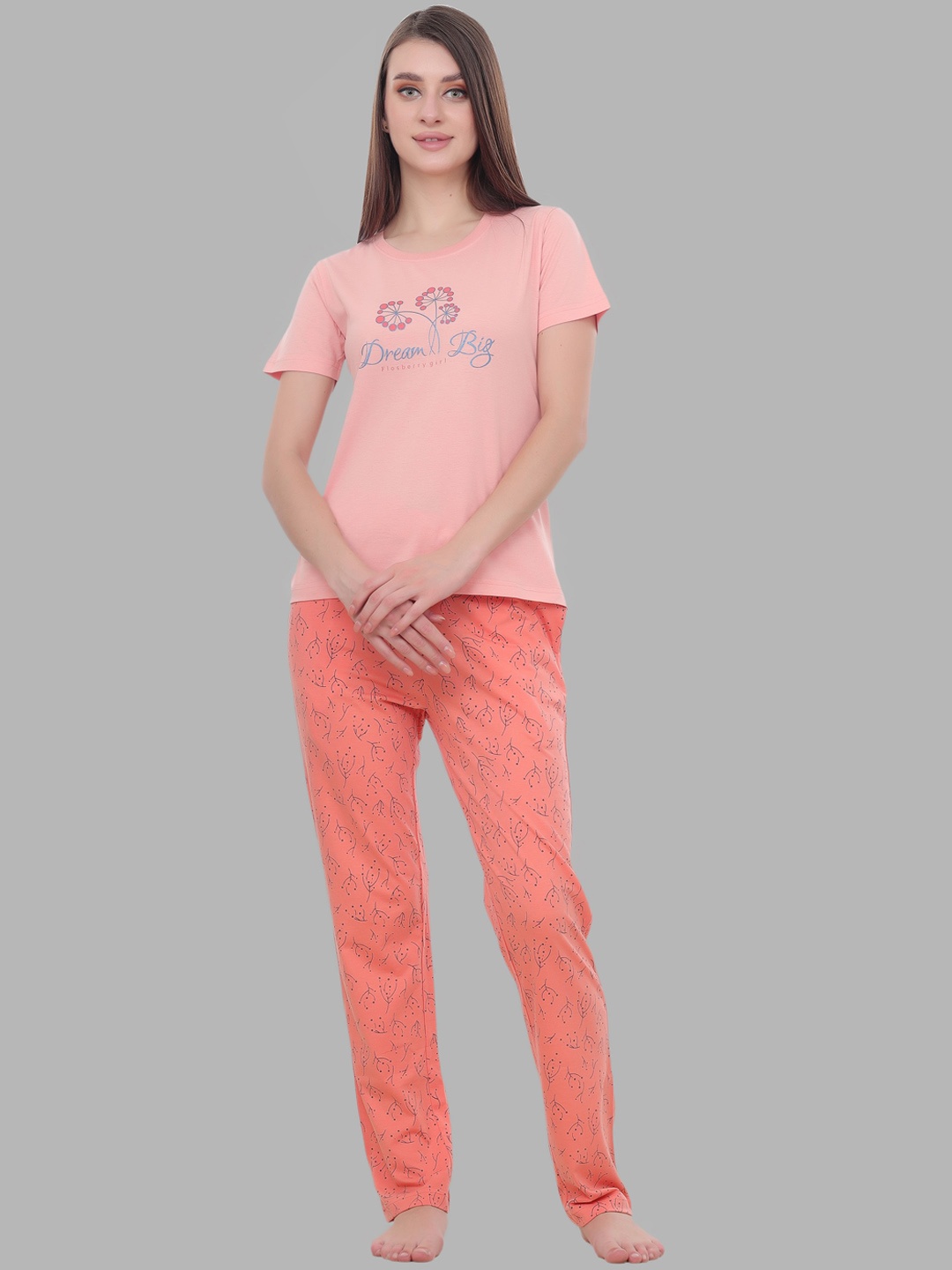 

FLOSBERRY Printed Cotton Night suit, Peach
