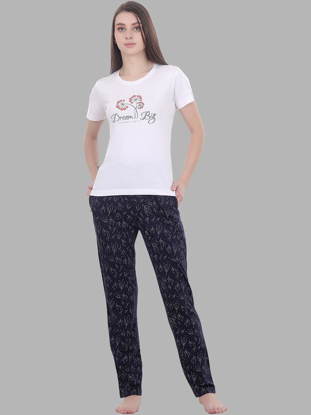 

FLOSBERRY Floral Printed Cotton Night suit, White