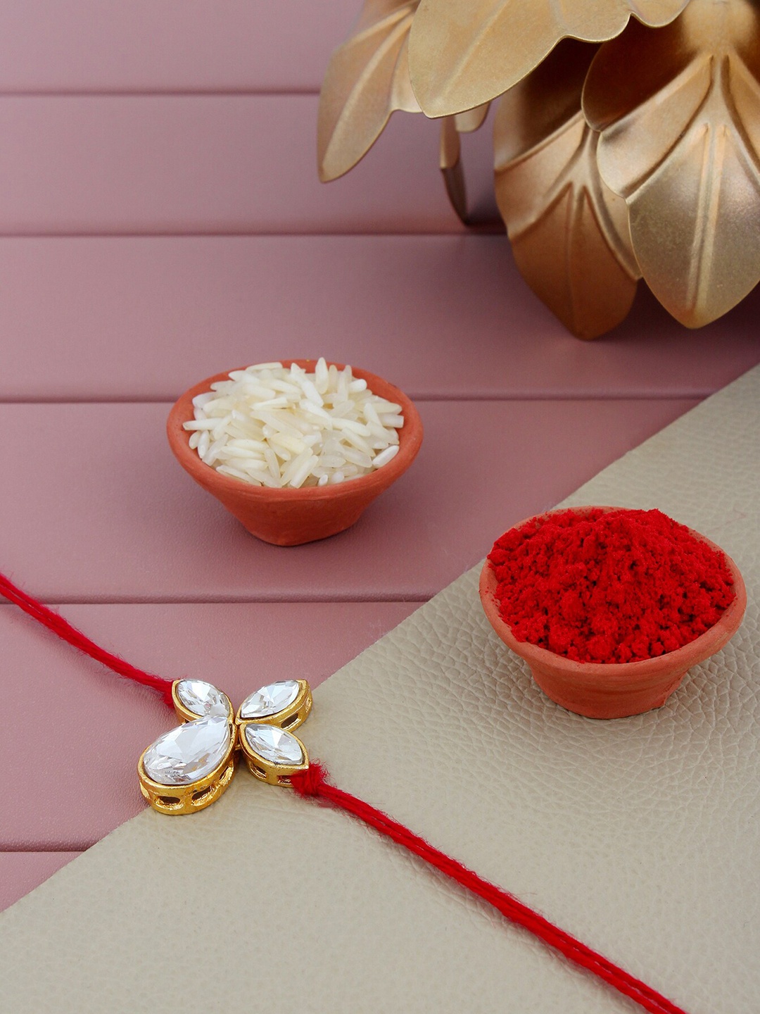 

LUCKY JEWELLERY Stones Studded Rakhi With Roli Chawal & Card, Red