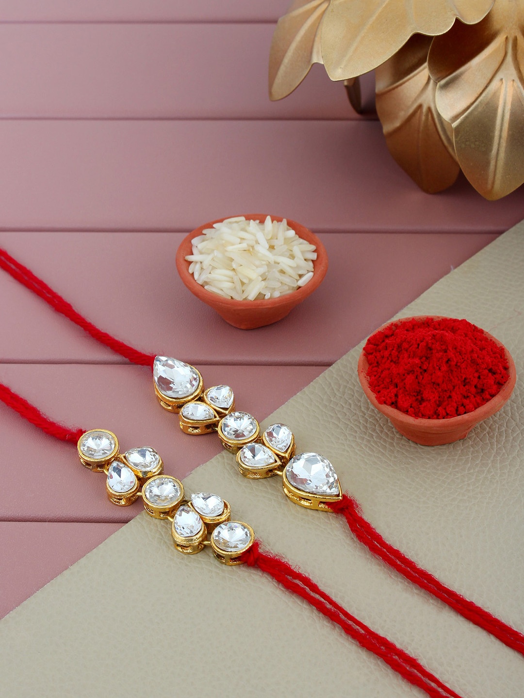 

LUCKY JEWELLERY Set Of 2 Stones Studded Rakhi With Roli Chawal & Card, White