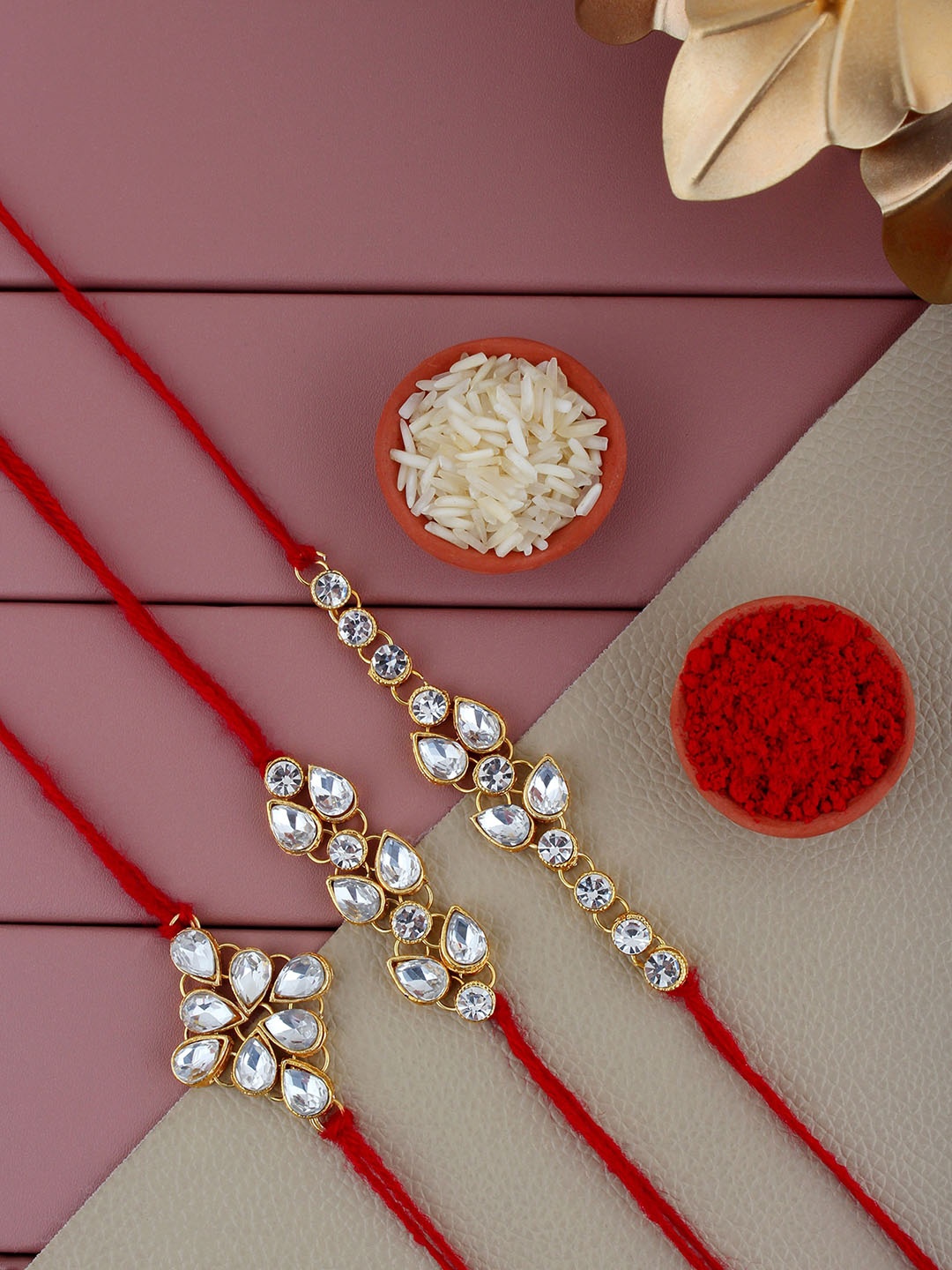 

LUCKY JEWELLERY Set of 3 Stone Studded Rakhi, White