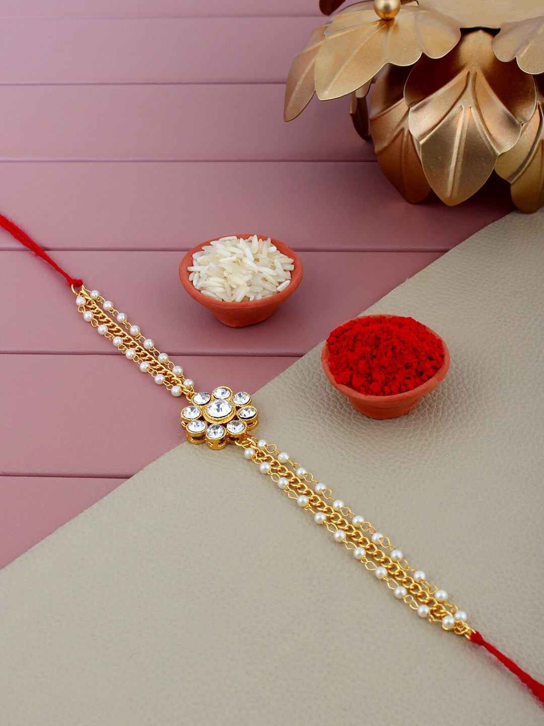 

LUCKY JEWELLERY Stones Studded Rakhi With Roli Chawal & Card, White