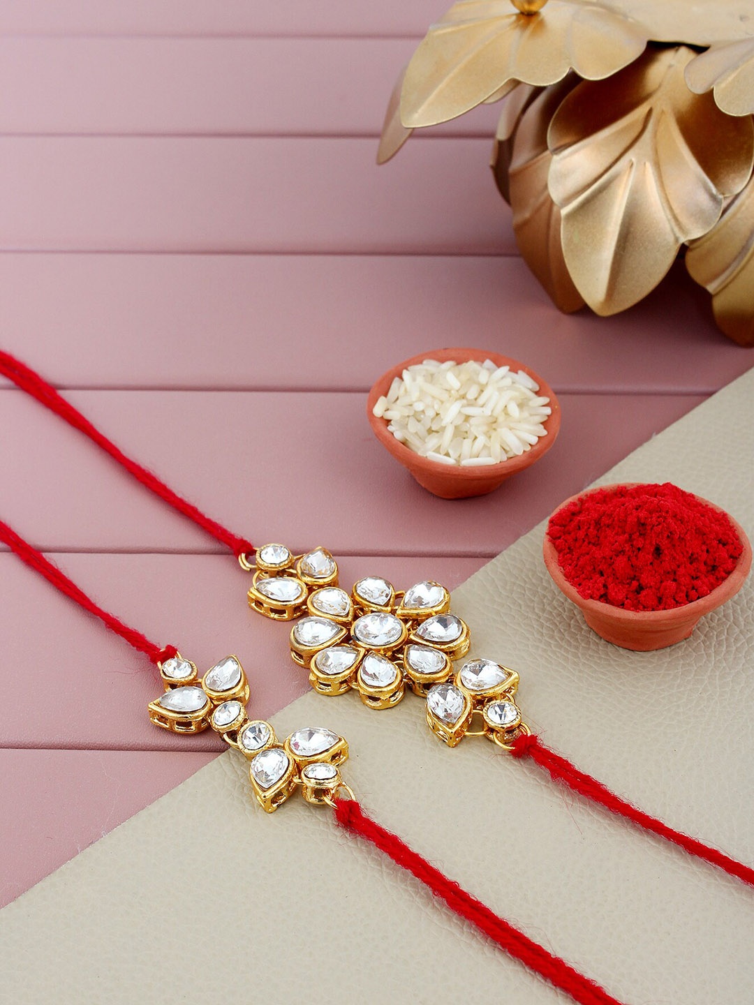 

LUCKY JEWELLERY Set Of 2 Stones Studded Rakhi With Roli Chawal & Card, White