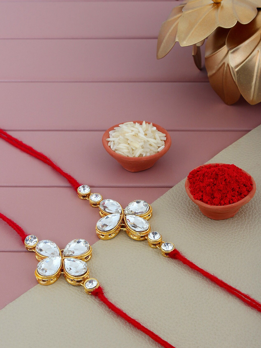 

LUCKY JEWELLERY Set Of 2 Stones Studded Rakhi With Roli Chawal & Card, White