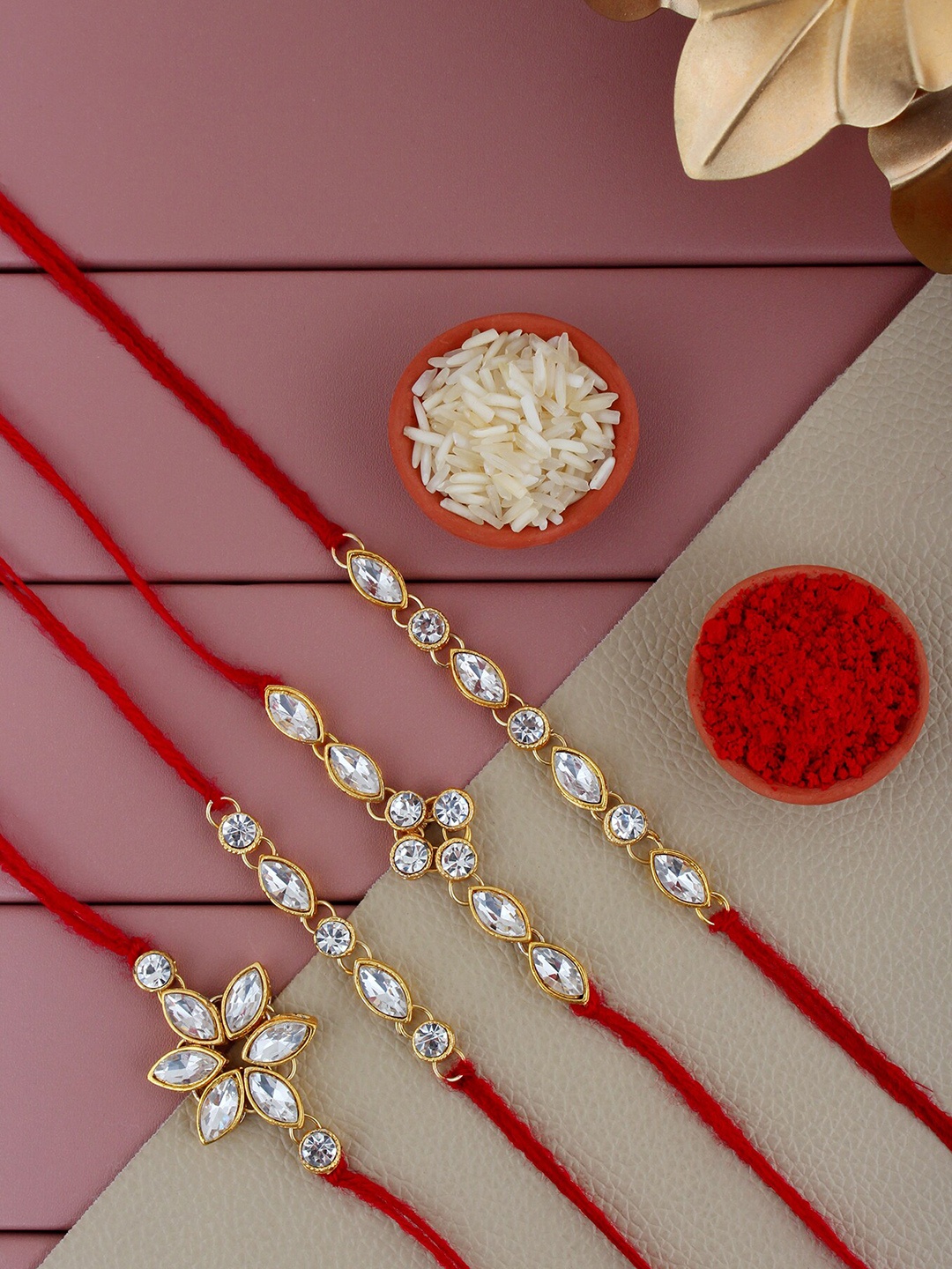 

LUCKY JEWELLERY Set Of 4 Stones Studded Rakhi With Roli Chawal & Card, Red