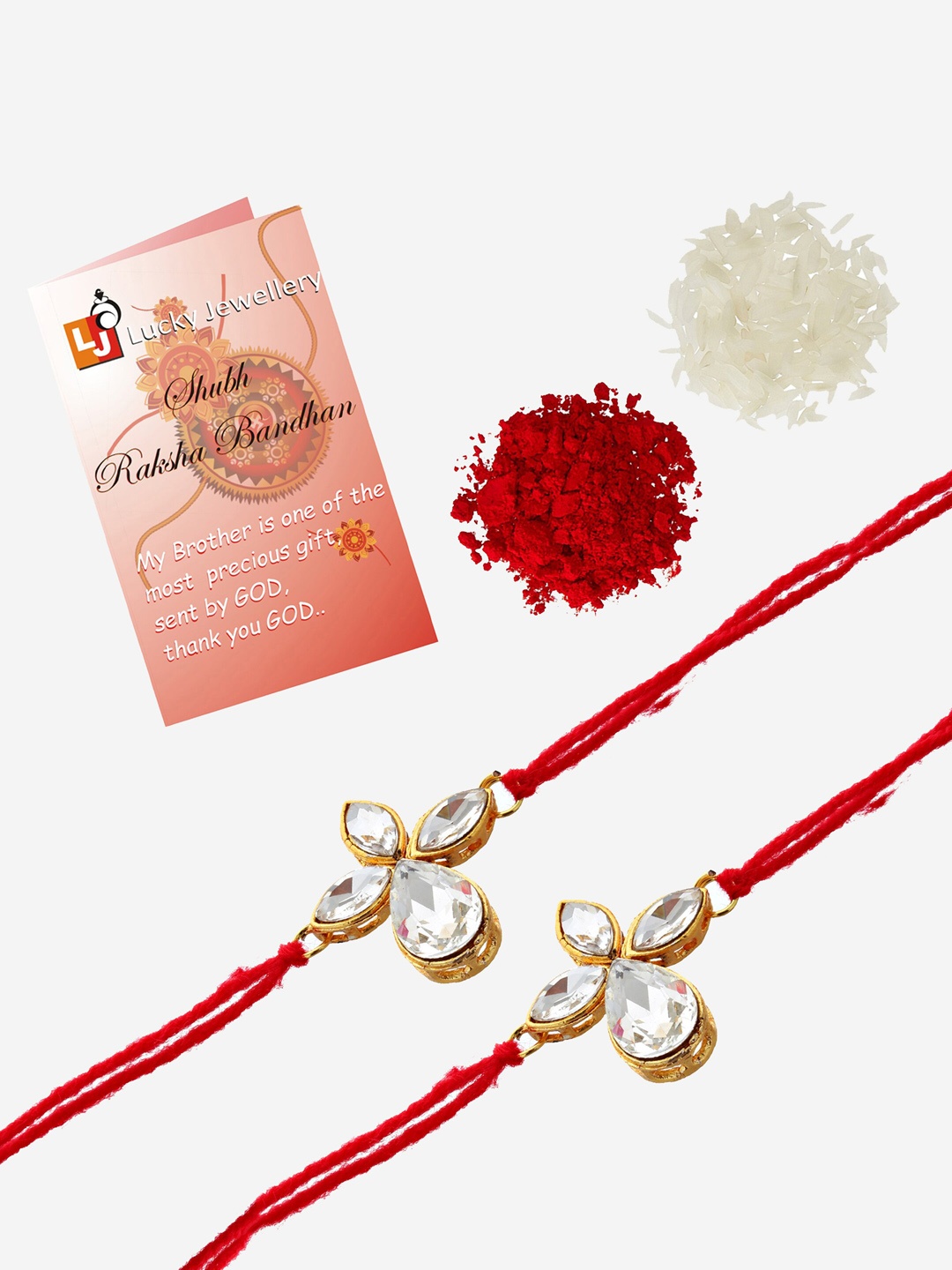 

LUCKY JEWELLERY Set Of 2 Stones Studded Rakhi With Roli Chawal & Card, Red