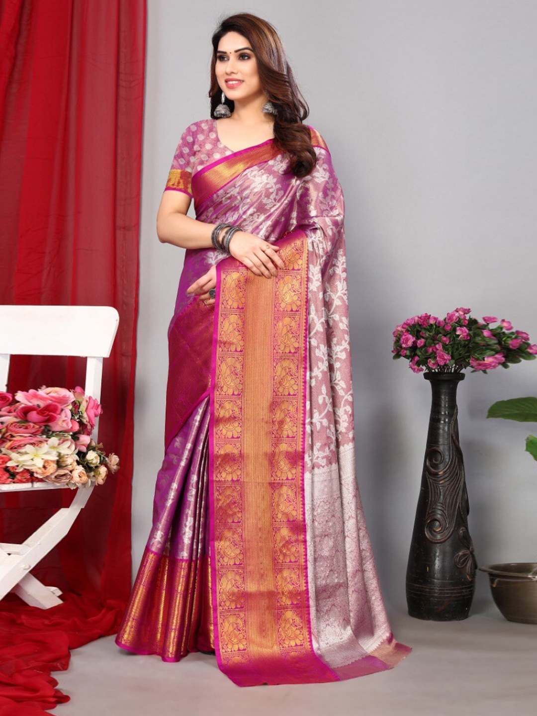 

VEERAX Ethnic Motifs Woven Design Zari Pure Silk Banarasi Saree, Purple