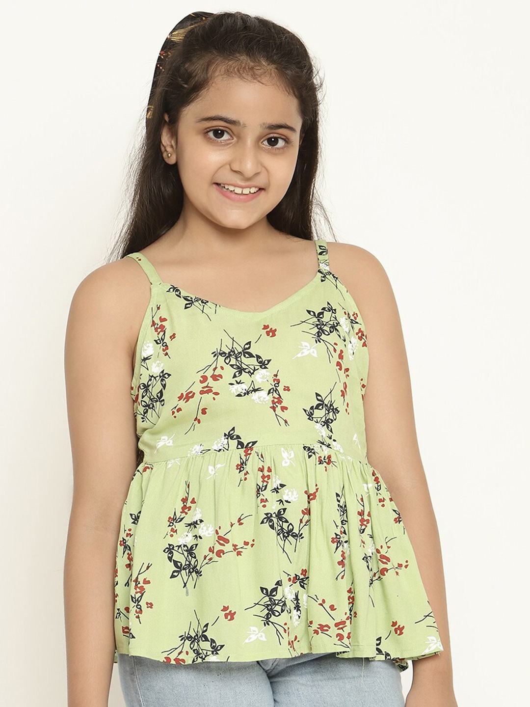 

Stuffie Land Floral Printed Shoulder Straps A-Line Top, Lime green