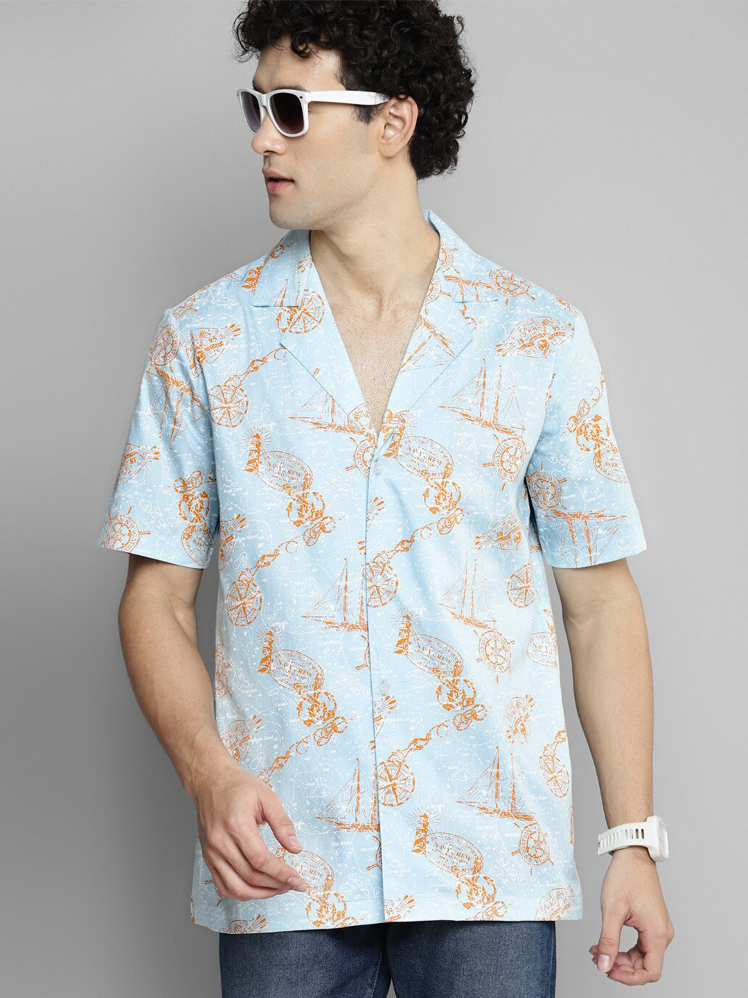 

Kook N Keech Boxy Fit Nautical Printed Cuban Collar Pure Cotton Resort Shirt, Blue