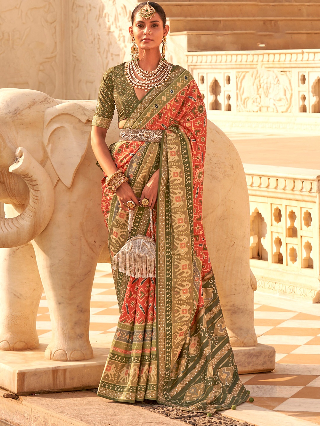 

elora Women Floral Embellished Patola Sarees, Orange