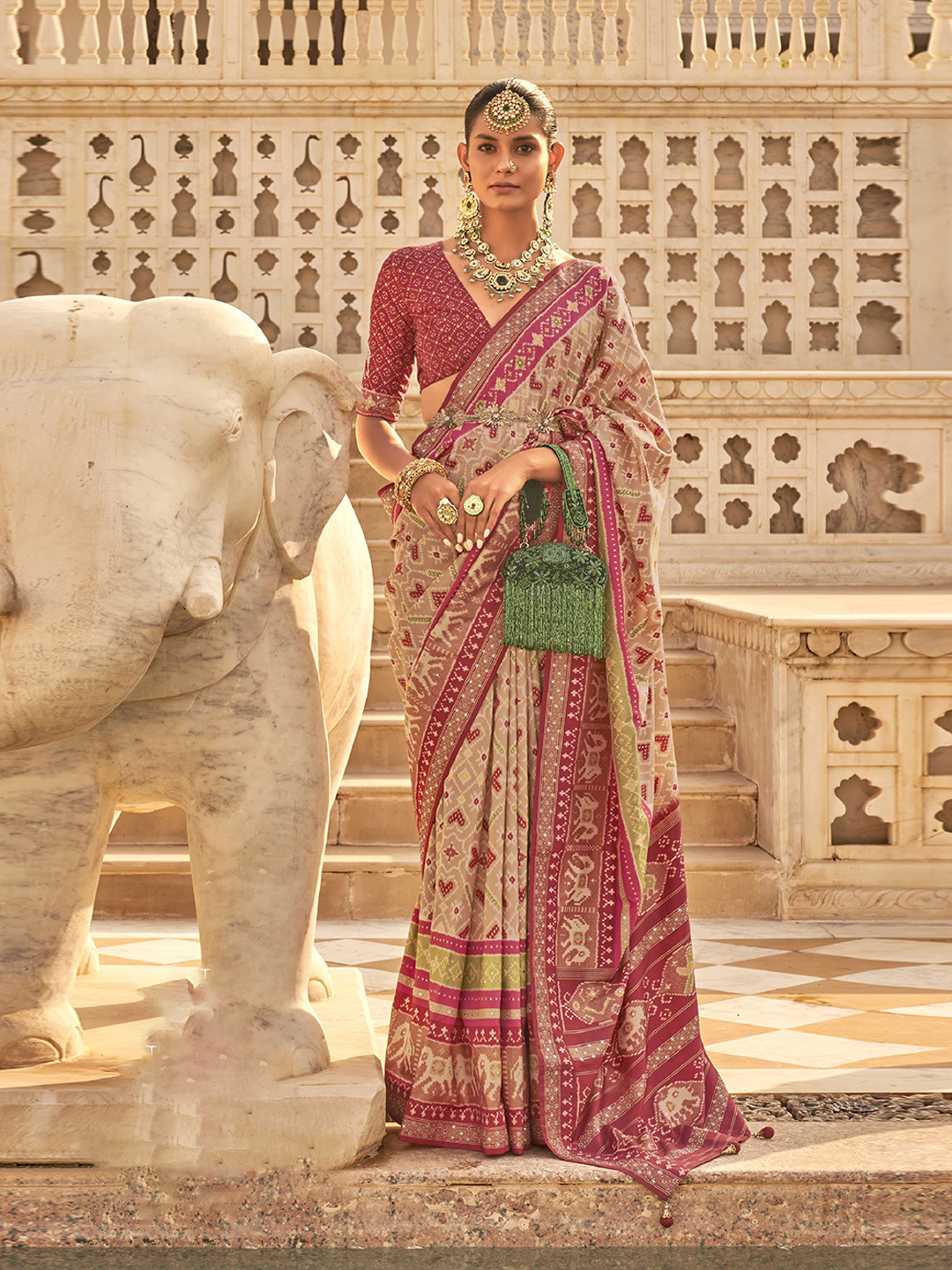 

elora Ethnic Motifs Printed Zari Pure Silk Patola Saree, Beige