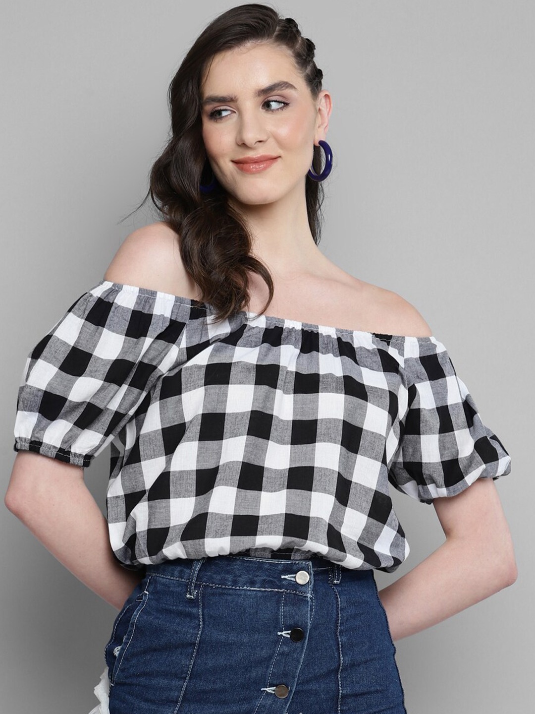 

Kook N Keech Checked Off-Shoulder Puff Sleeve Cotton Bardot Top, Black