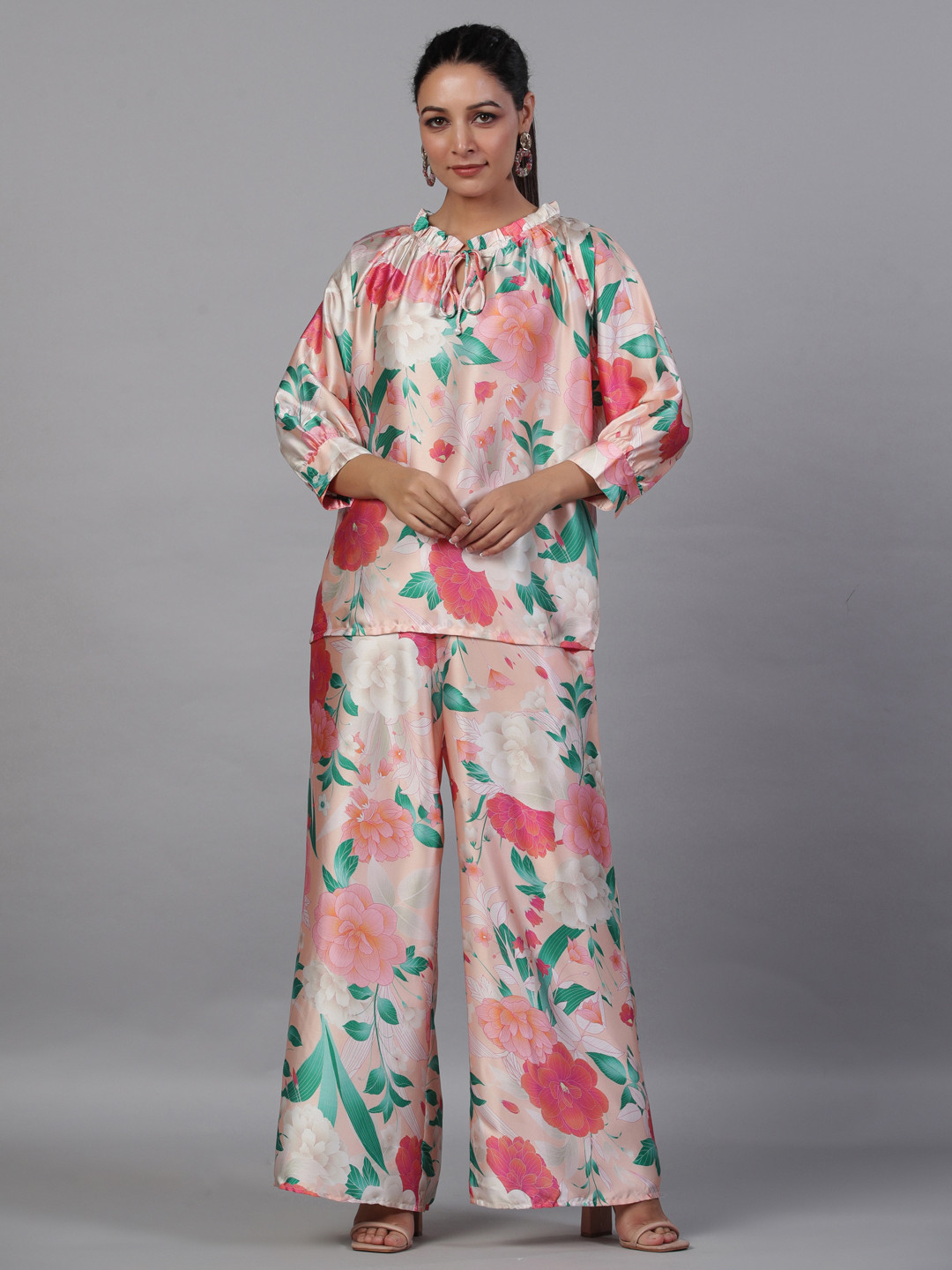 

Aadews Floral Printed Satin Top & Palazzos, Pink