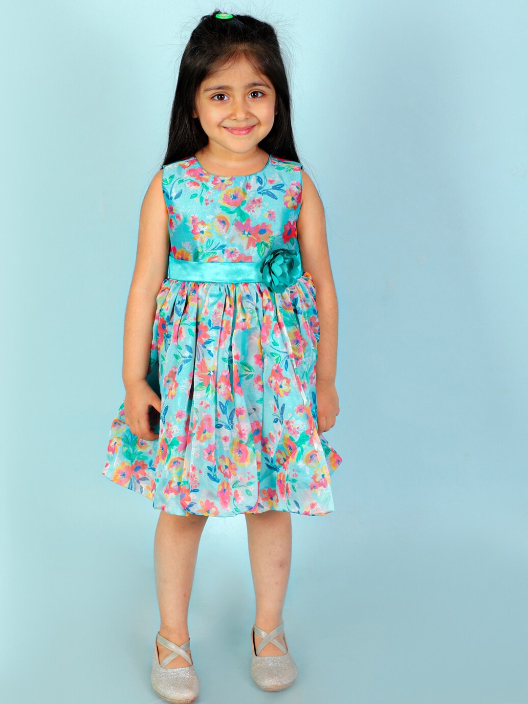 

Lil Peacock Girls Sleeveless Floral Printed Fit & Flare Dress, Sea green