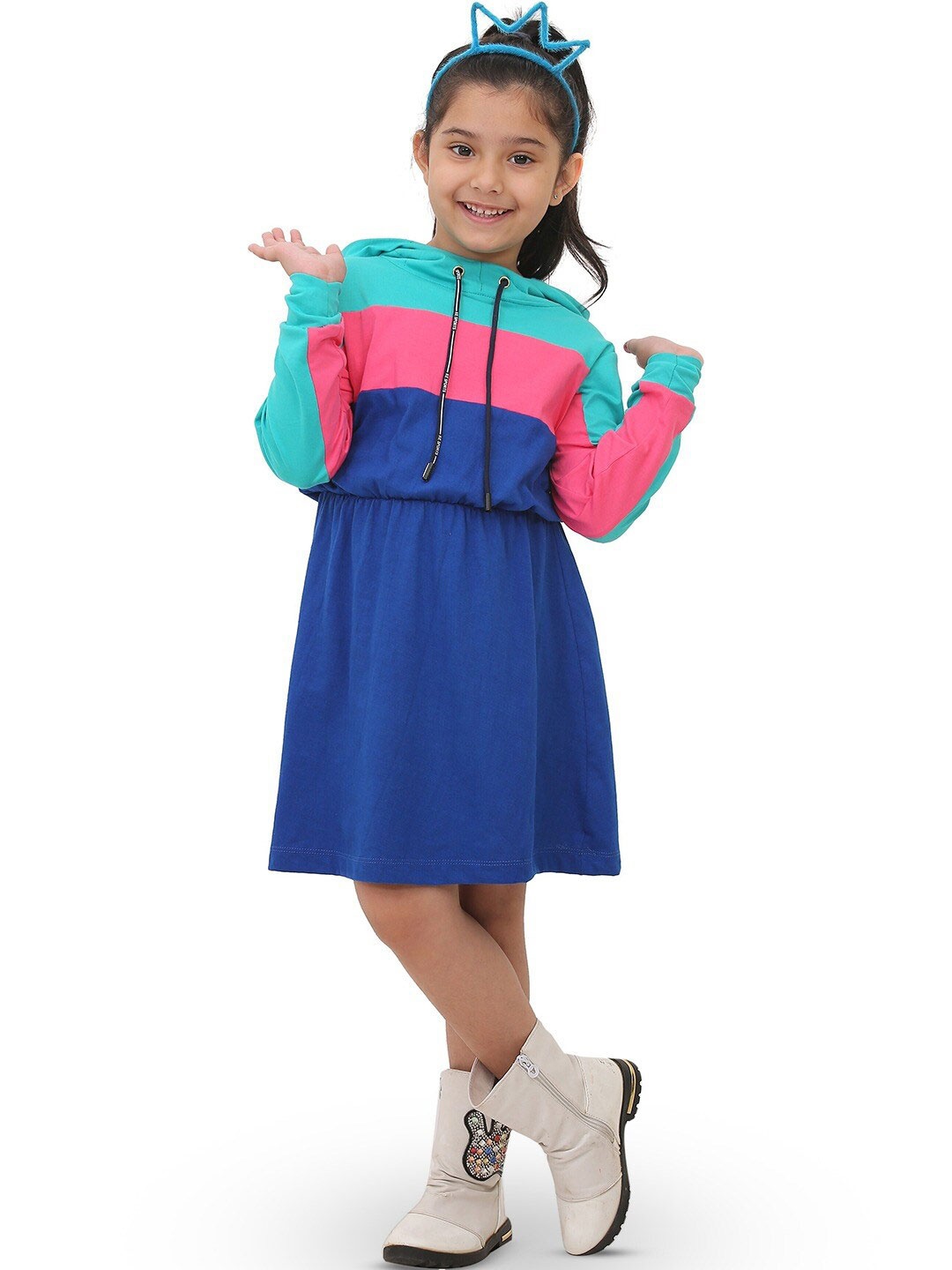 

BAESD Girls Cotton Colourblocked Hooded T-Shirt Dress, Blue