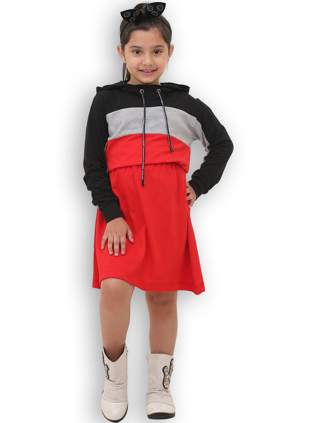 

BAESD Girls Cotton Colourblocked Hooded T-Shirt Dress, Red