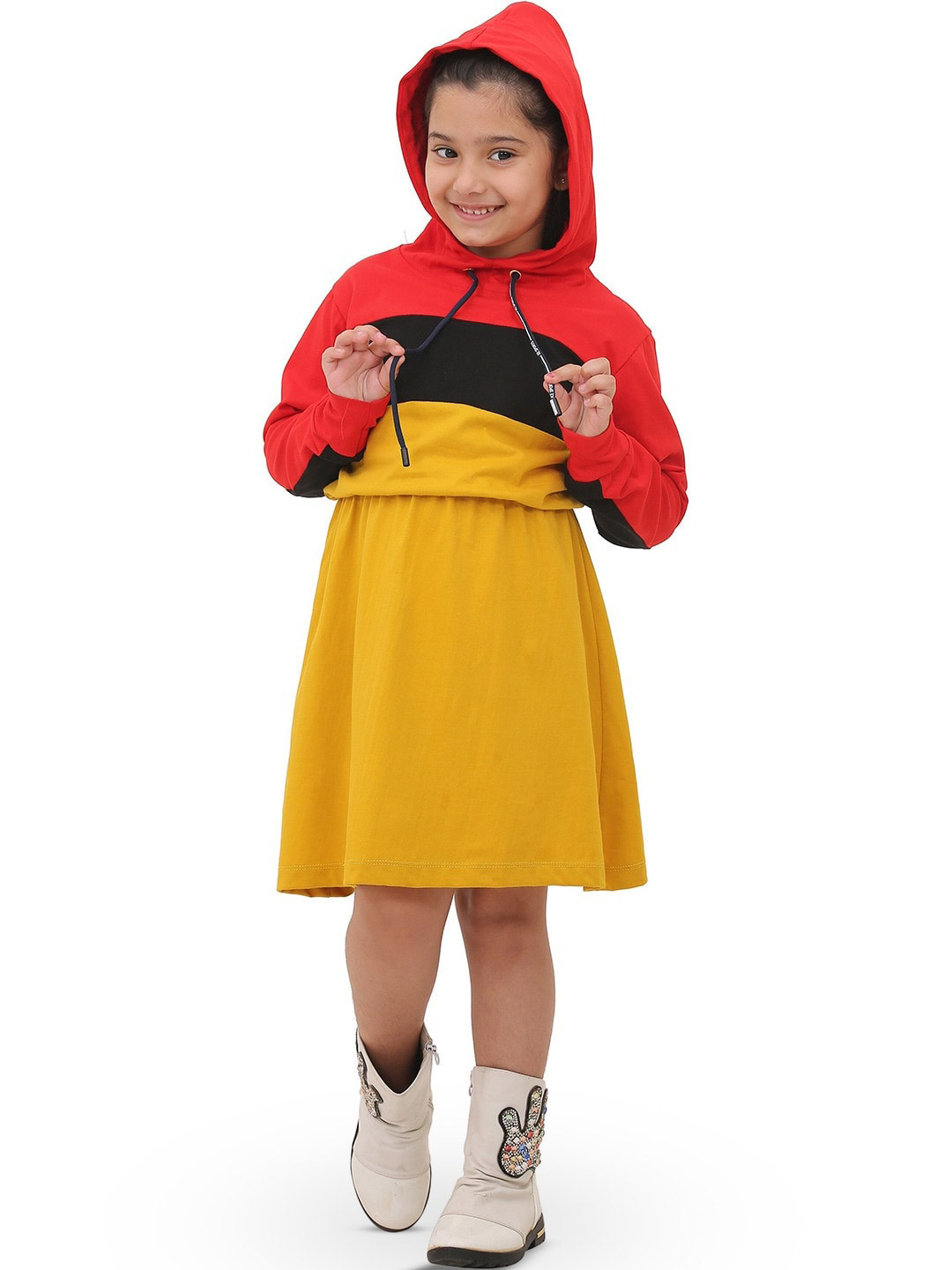 

BAESD Girls Cotton Colourblocked Hooded T-Shirt Dress, Yellow