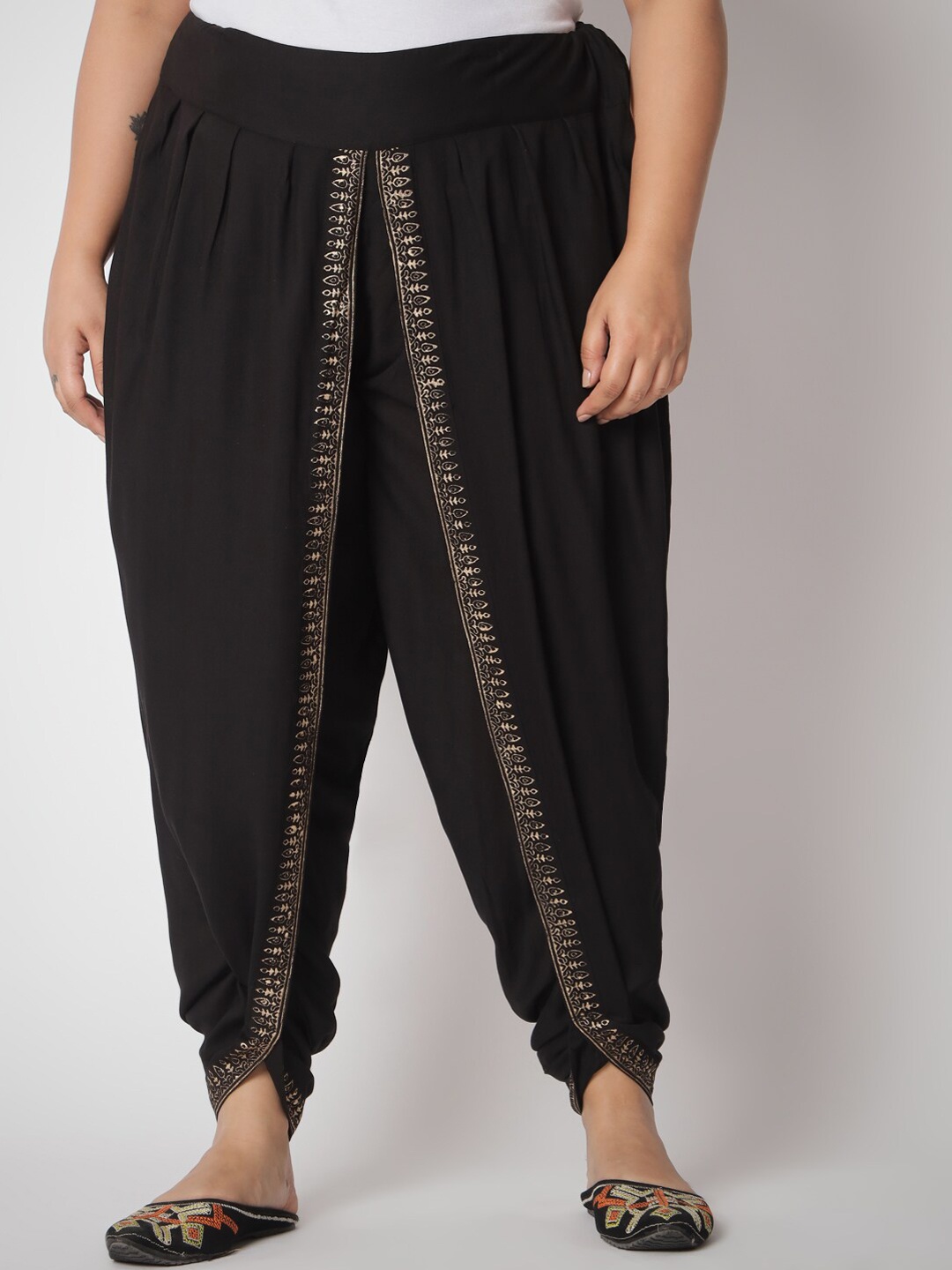 

9rasa Women Plus Size Hand Block Printed Dhoti Pants, Black