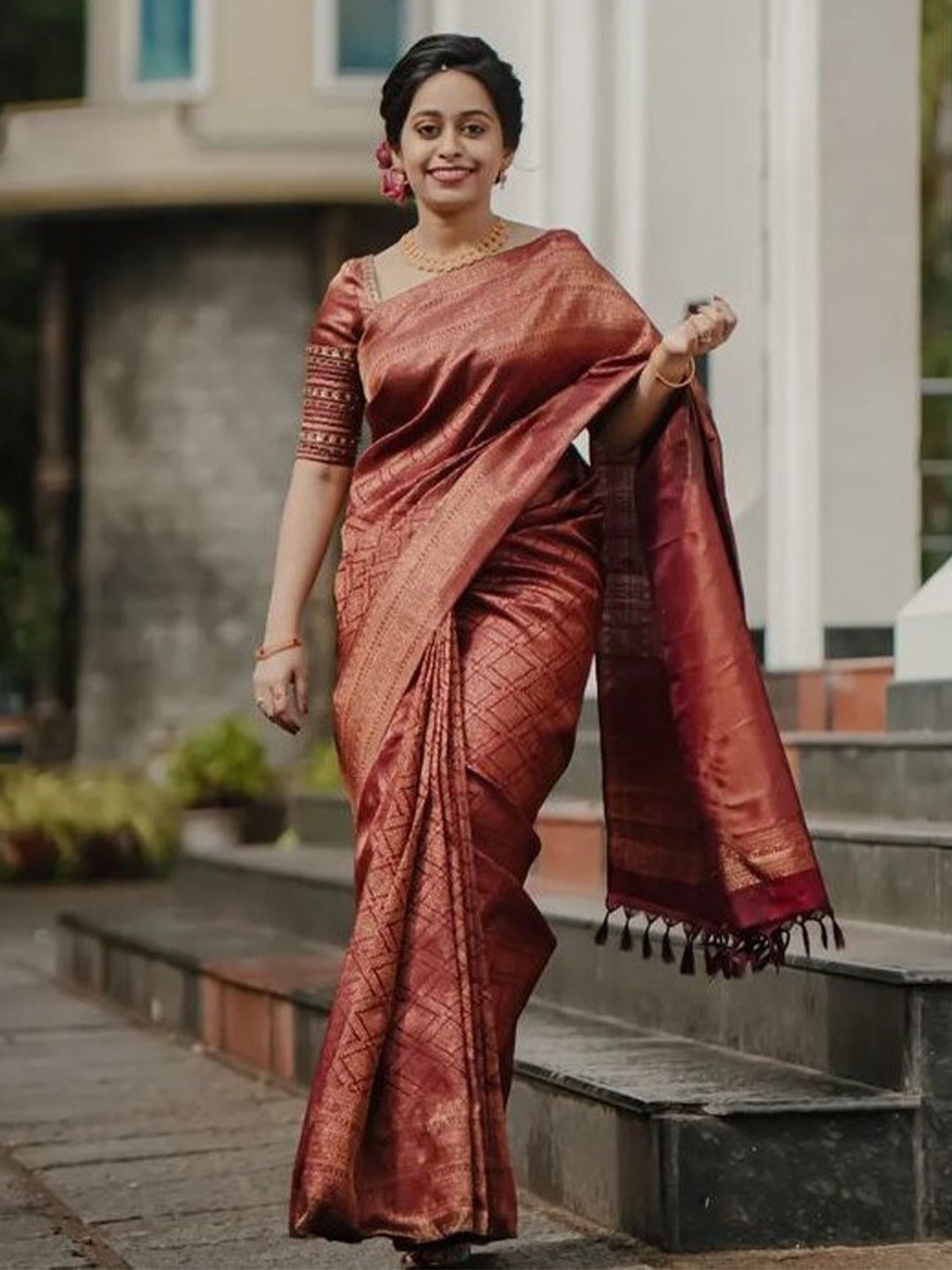 

Naishu Trendz Ethnic Motifs Woven Design Zari Pure Silk Kanjeevaram Saree, Rust