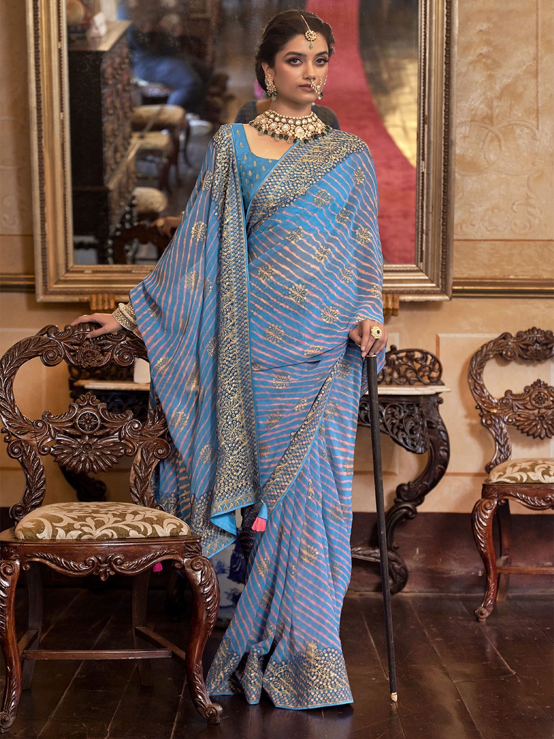 

elora Woven Design Zari Pure Georgette Bandhani Saree, Blue