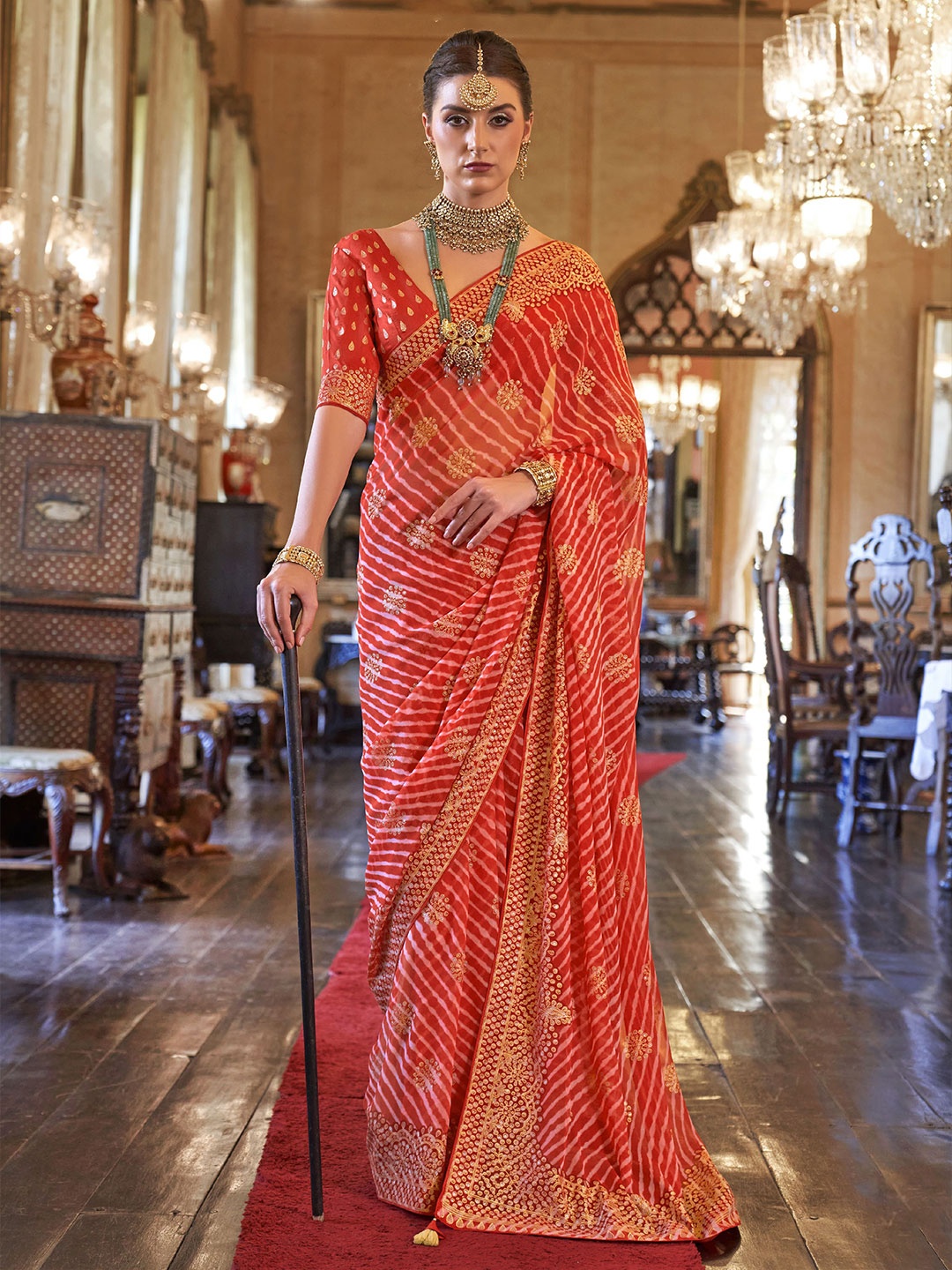 

elora Striped Embroidered Pure Georgette Saree, Orange