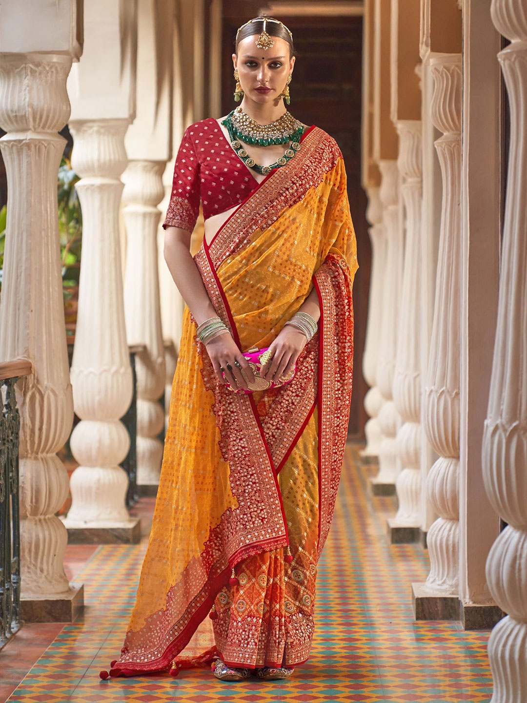 

elora Woven Design Zari Pure Georgette Bandhani Saree, Yellow
