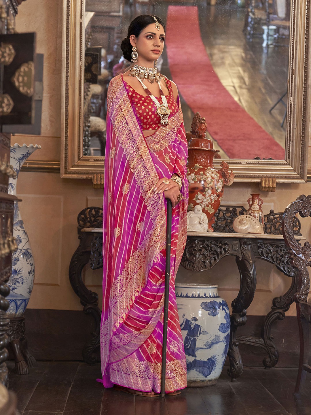 

elora Ethnic Motifs Pure Georgette Bandhani Saree, Pink