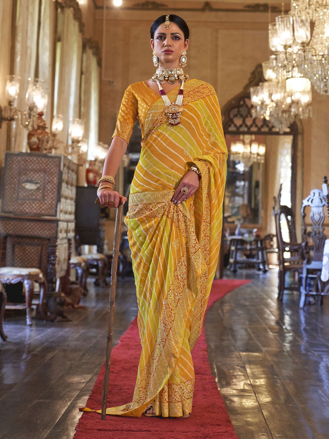 

elora Striped Embroidered Pure Georgette Saree, Yellow