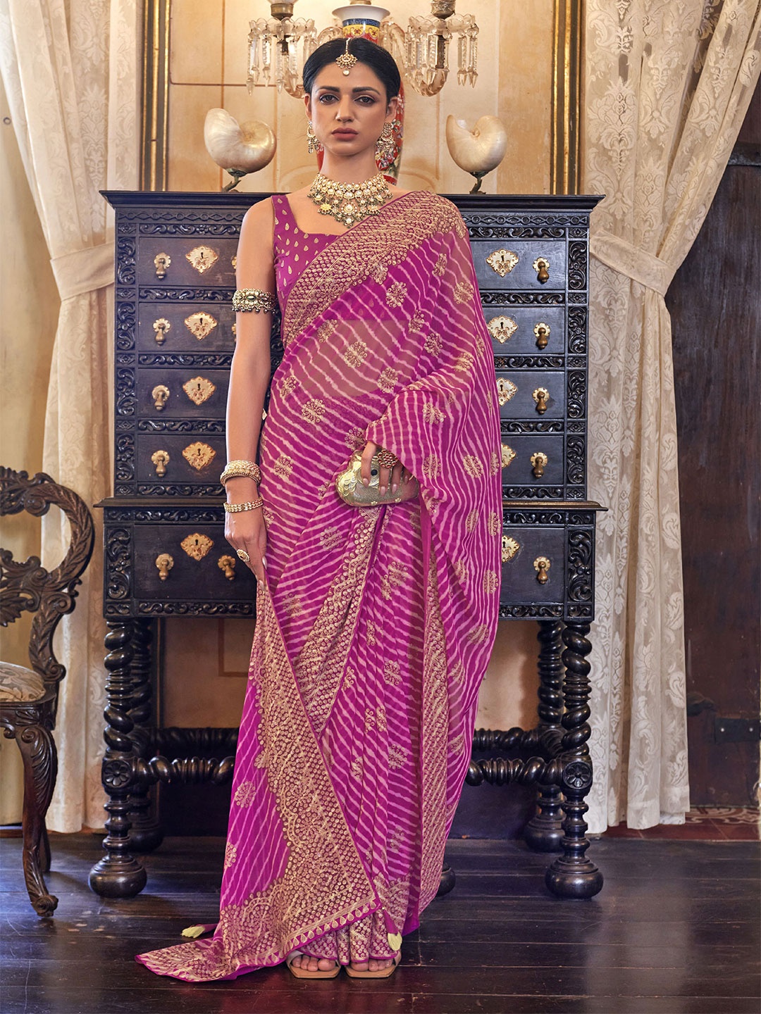 

elora Bandhani Pure Georgette Bandhani Saree, Pink