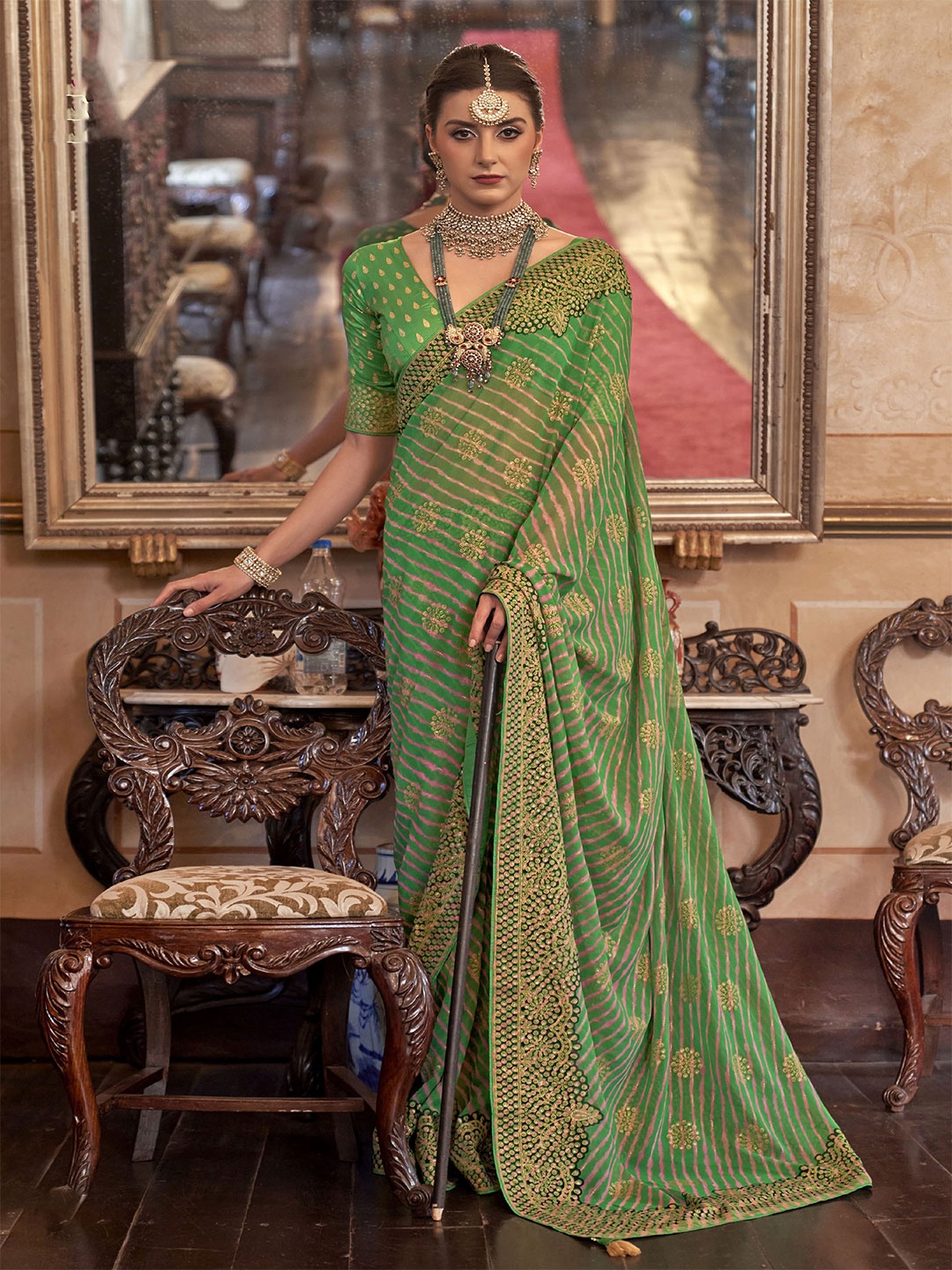 

elora Striped Zari Pure Georgette Saree, Green