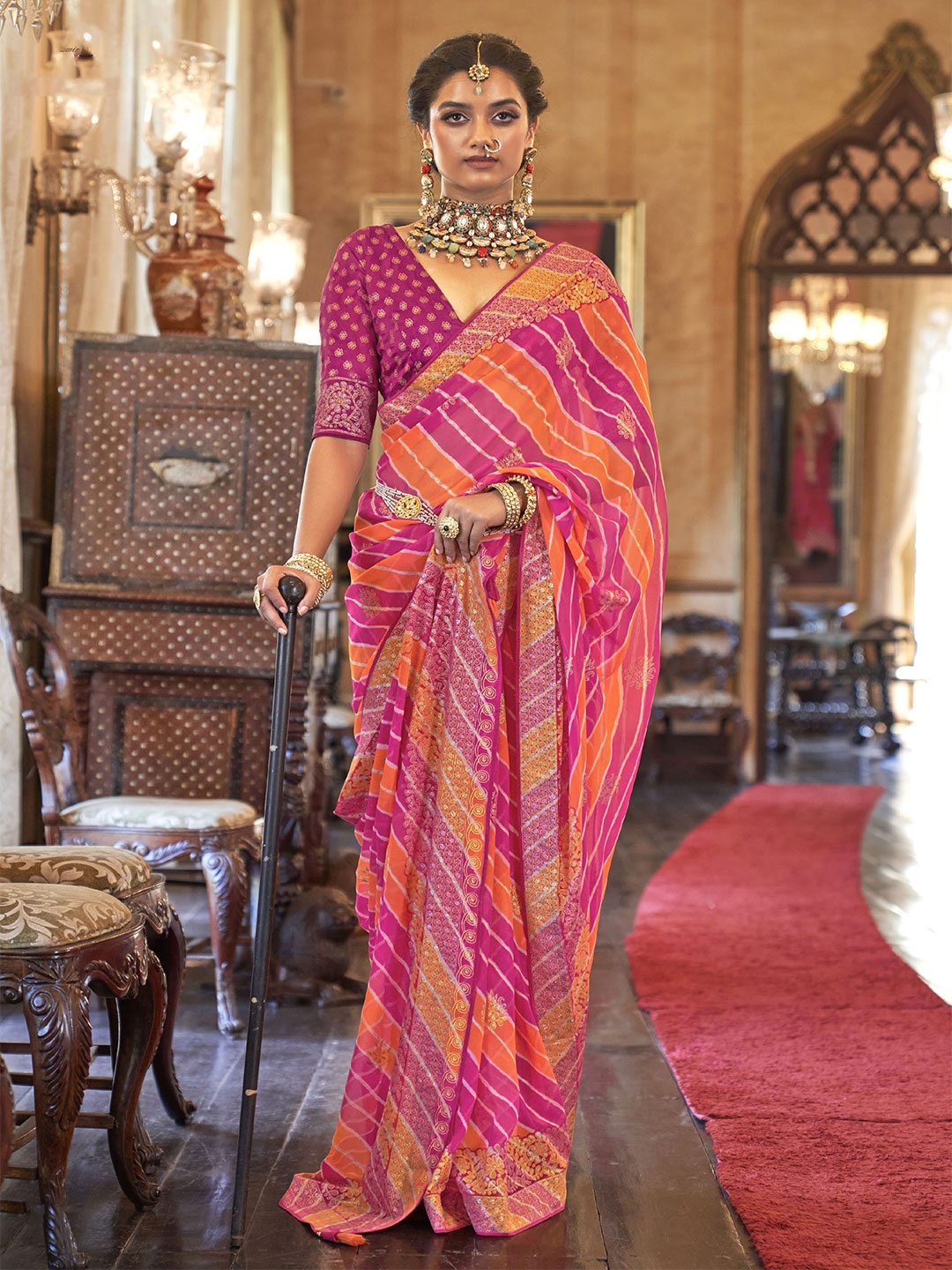 

elora Pure Georgette Bandhani Saree, Pink
