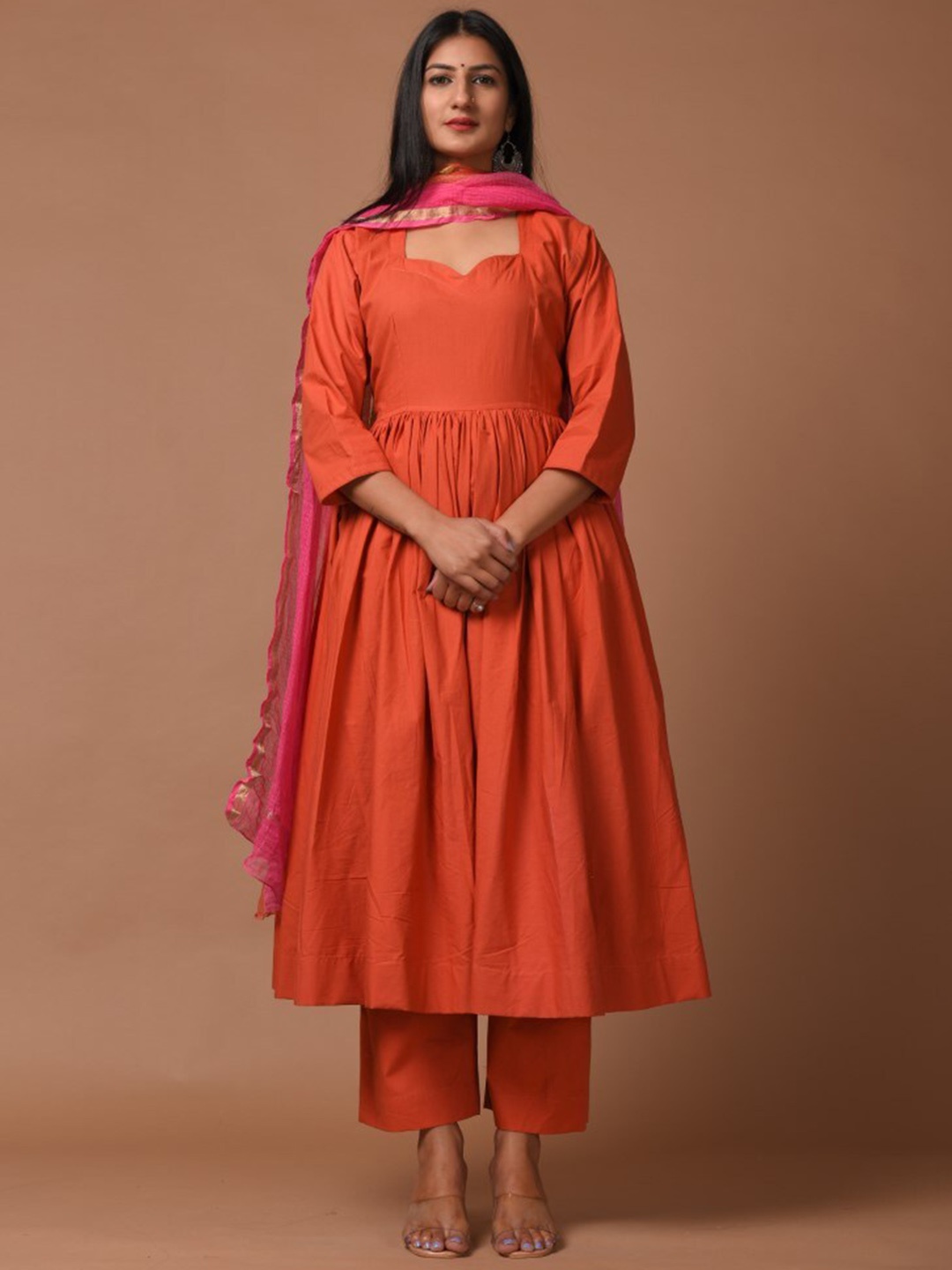 

DIMPLE DESIGN STUDIO Anarkali Pure Cotton Kurta with Trousers & Dupatta, Orange