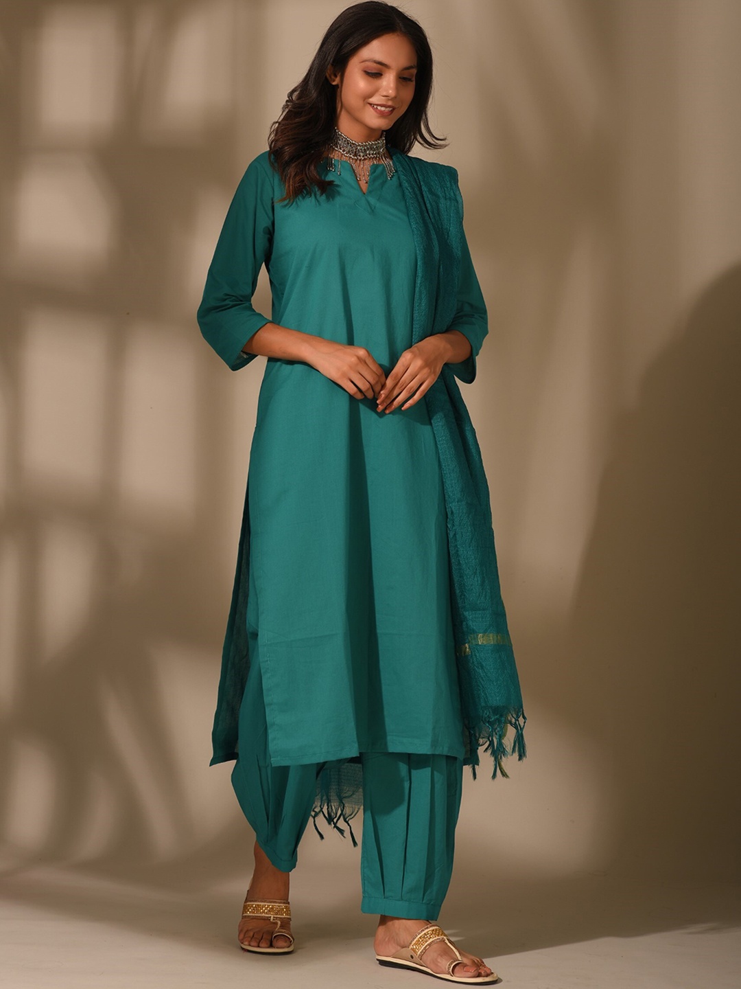 

DIMPLE DESIGN STUDIO Pure Cotton Kurta with Salwar & Dupatta, Teal