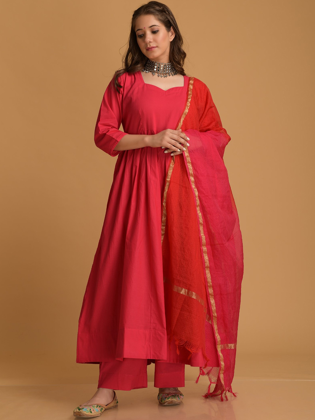 

DIMPLE DESIGN STUDIO Sweet Heart Neck Pure Cotton Anarkali Kurta With Trousers & Dupatta, Red