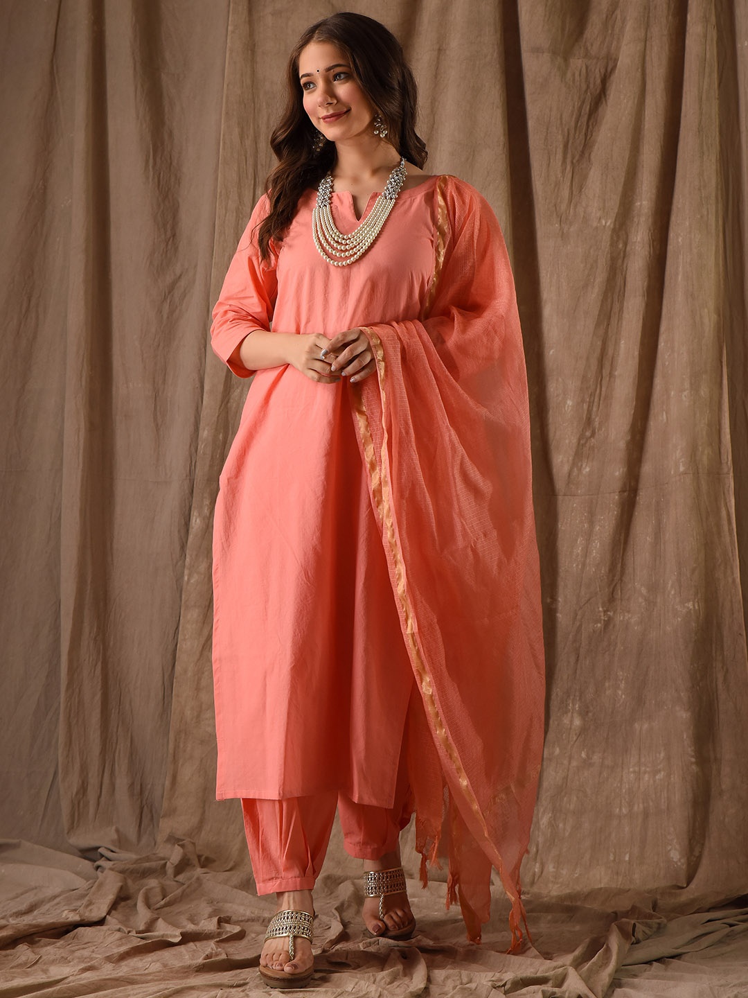 

DIMPLE DESIGN STUDIO Pure Cotton Straight Kurta with Salwar & Dupatta, Peach