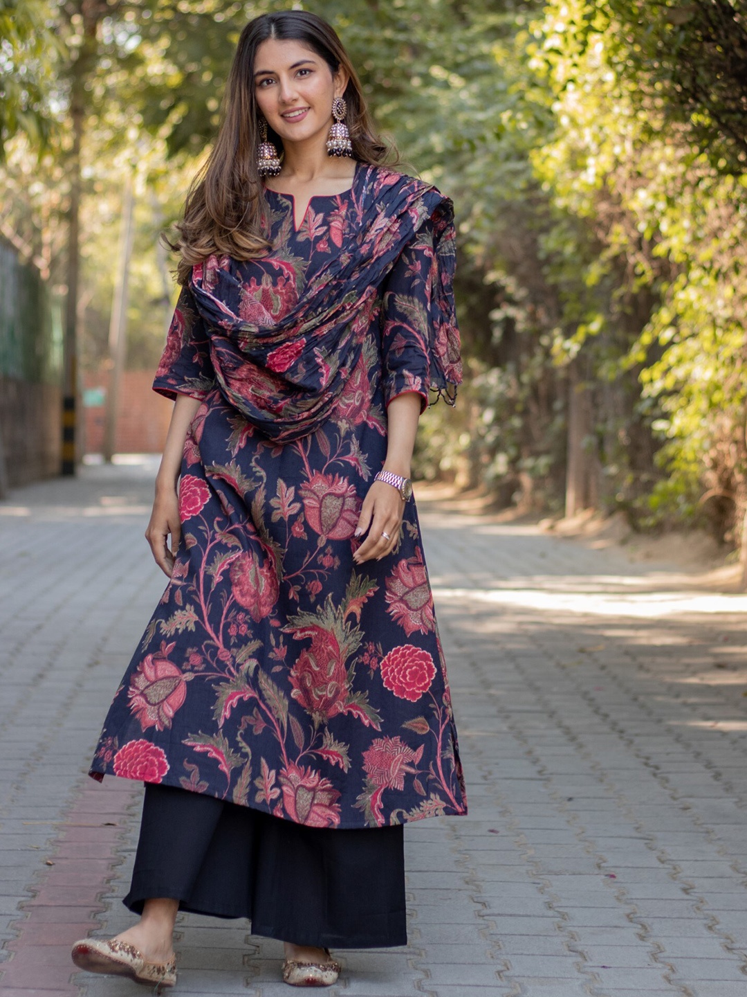 

DIMPLE DESIGN STUDIO Printed Pure Cotton A-line Kurta With Skirt & Dupatta, Black