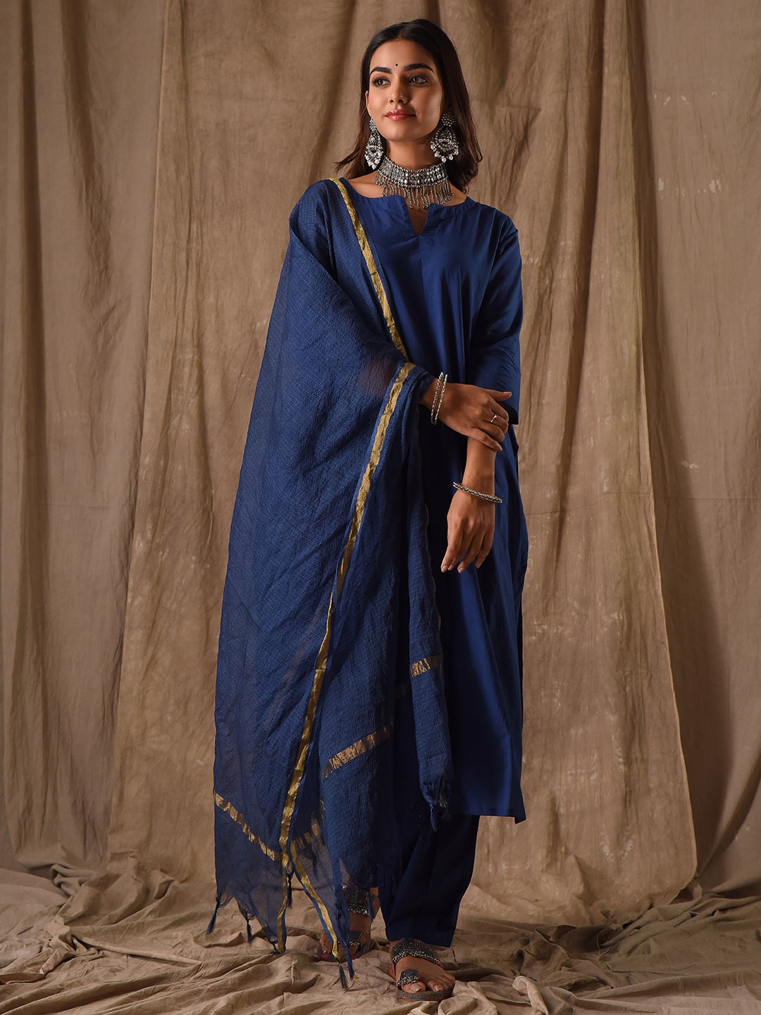 

DIMPLE DESIGN STUDIO Regular Pure Cotton Kurta With Salwar & Dupatta, Navy blue