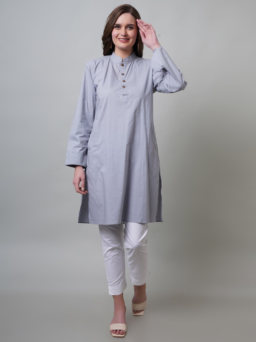 

NAVIYATA Women Mandarin Collar Pure Cotton Straight Kurta, Blue