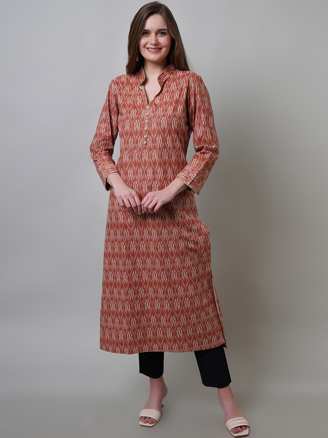 

NAVIYATA Women Ikat Printed Pure Cotton Straight Kurta, Red