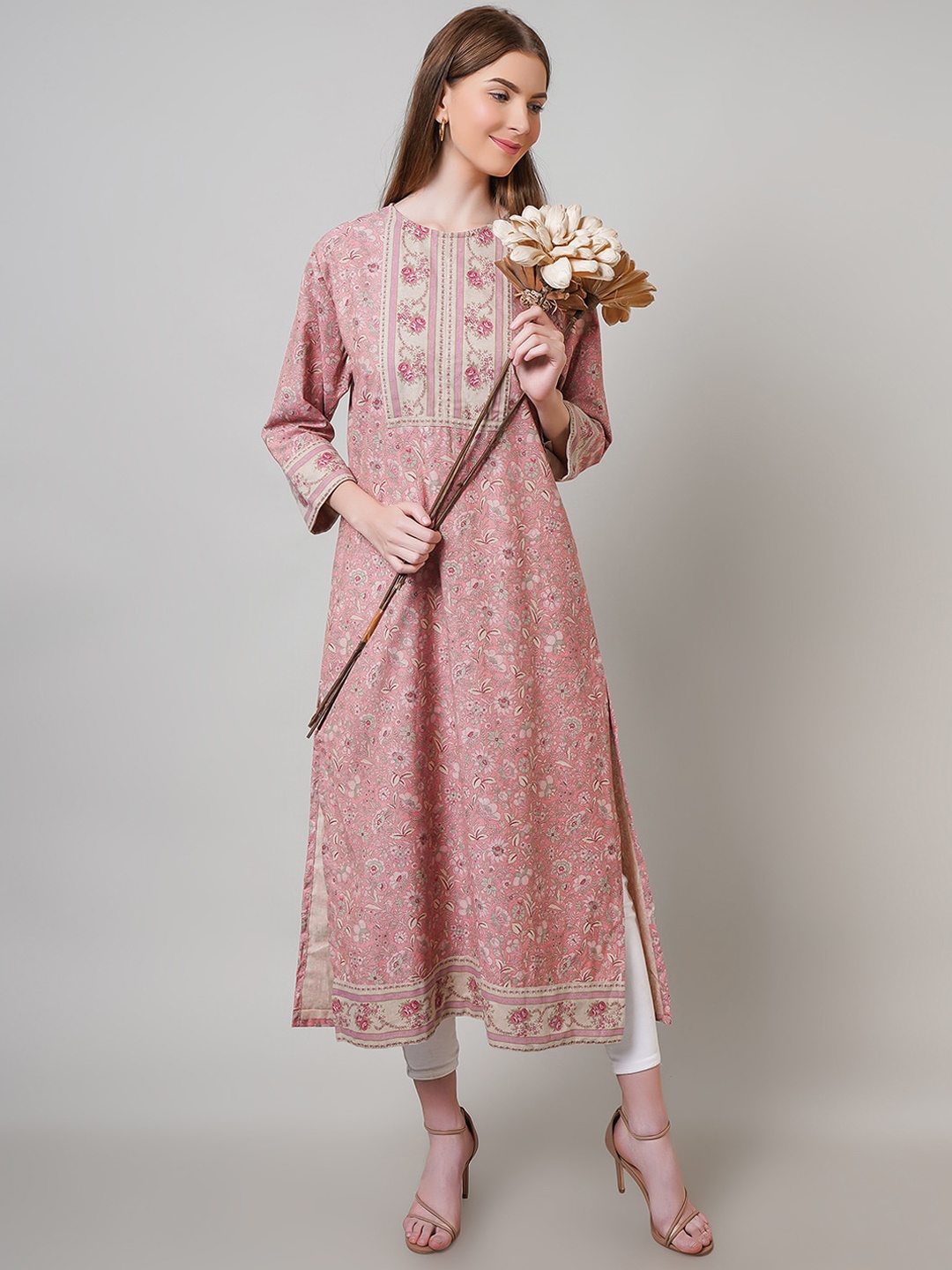 

NAVIYATA Women Ethnic Motifs Printed Pure Cotton Kurta, Peach