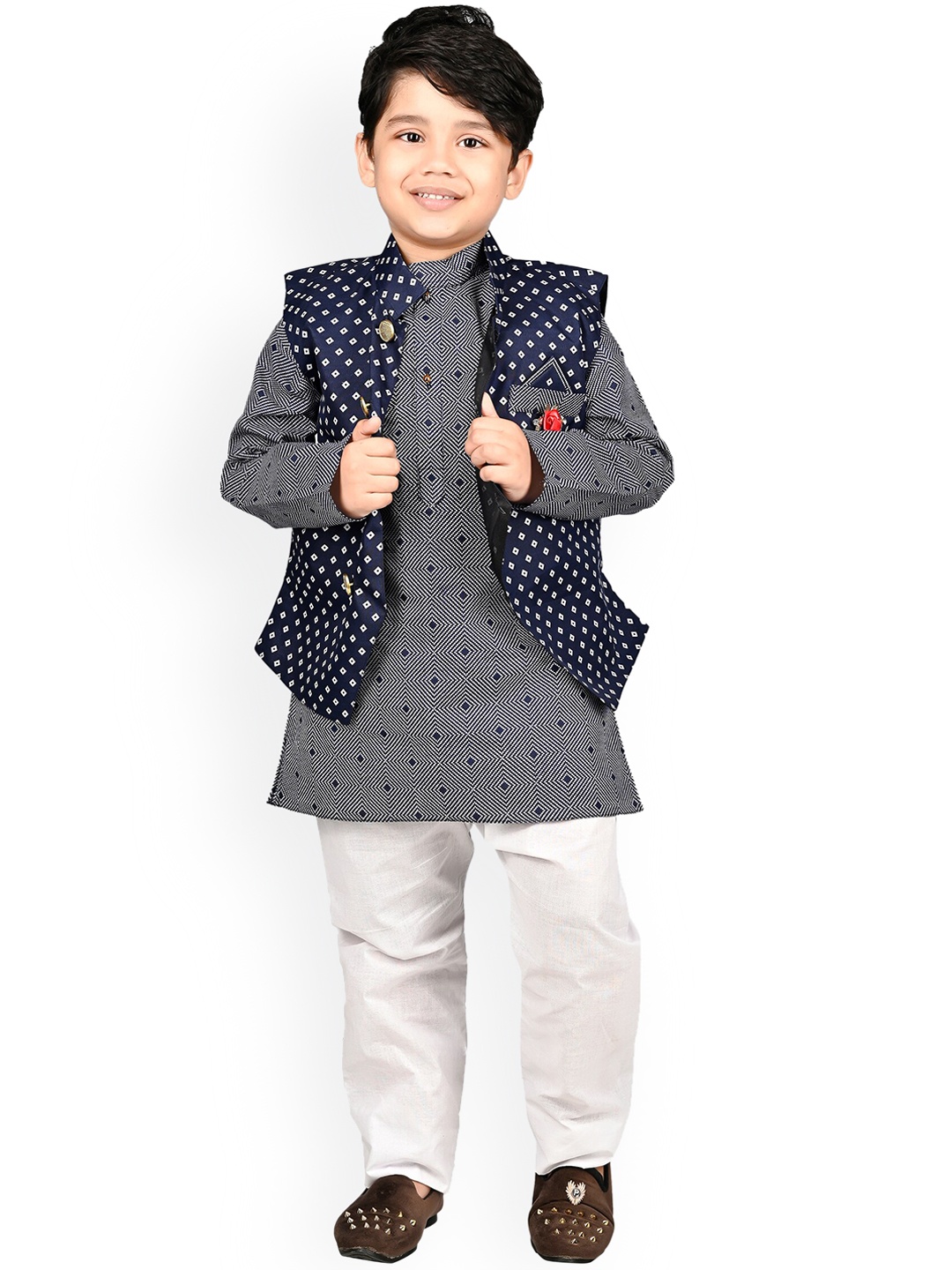 

BAESD Boys Geometric Printed Regular Kurta with Pyjamas & Waistcoat, Blue