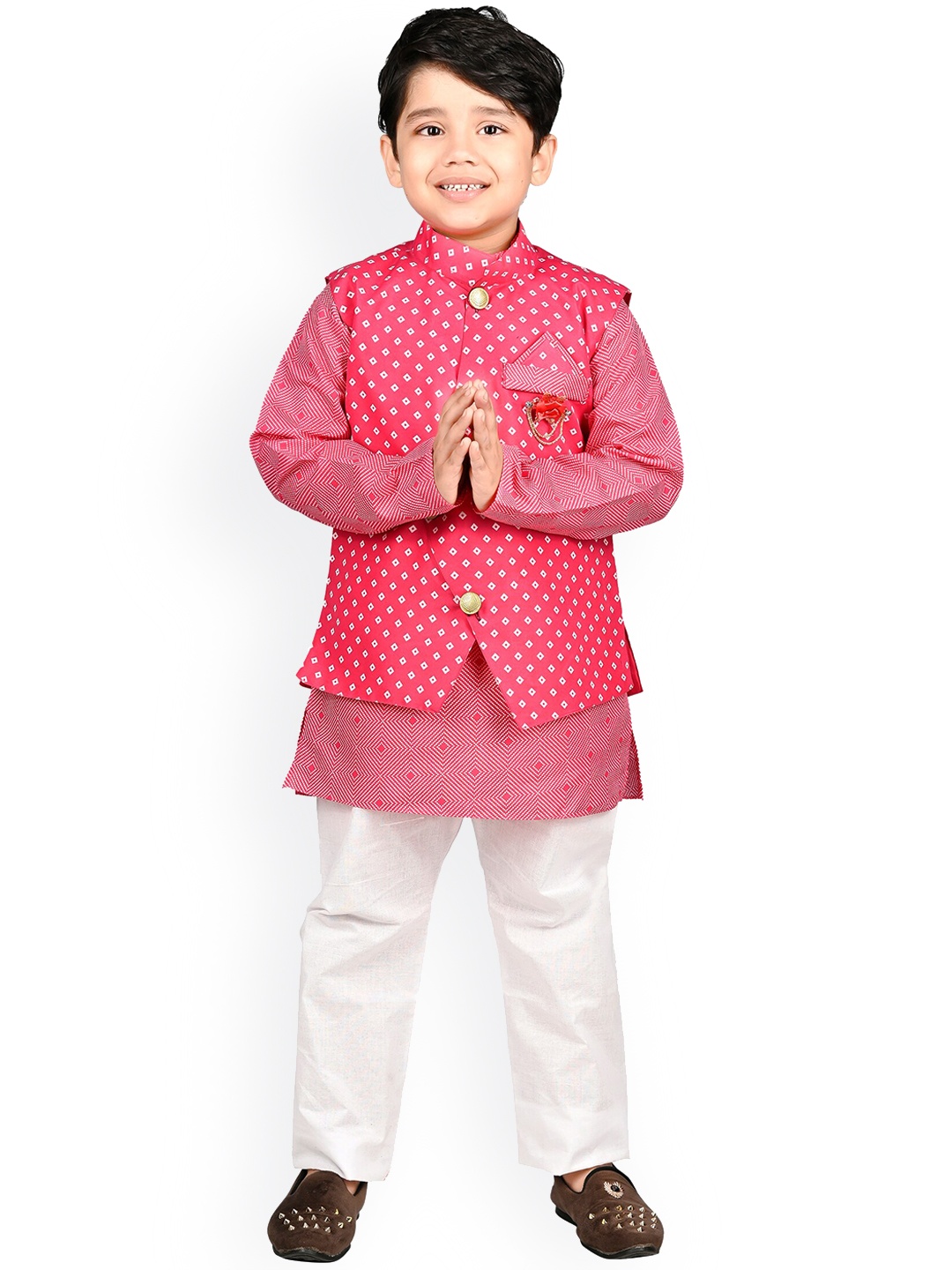 

BAESD Boys Geometric Printed Straight Kurta with Pyjamas & Waistcoat, Pink