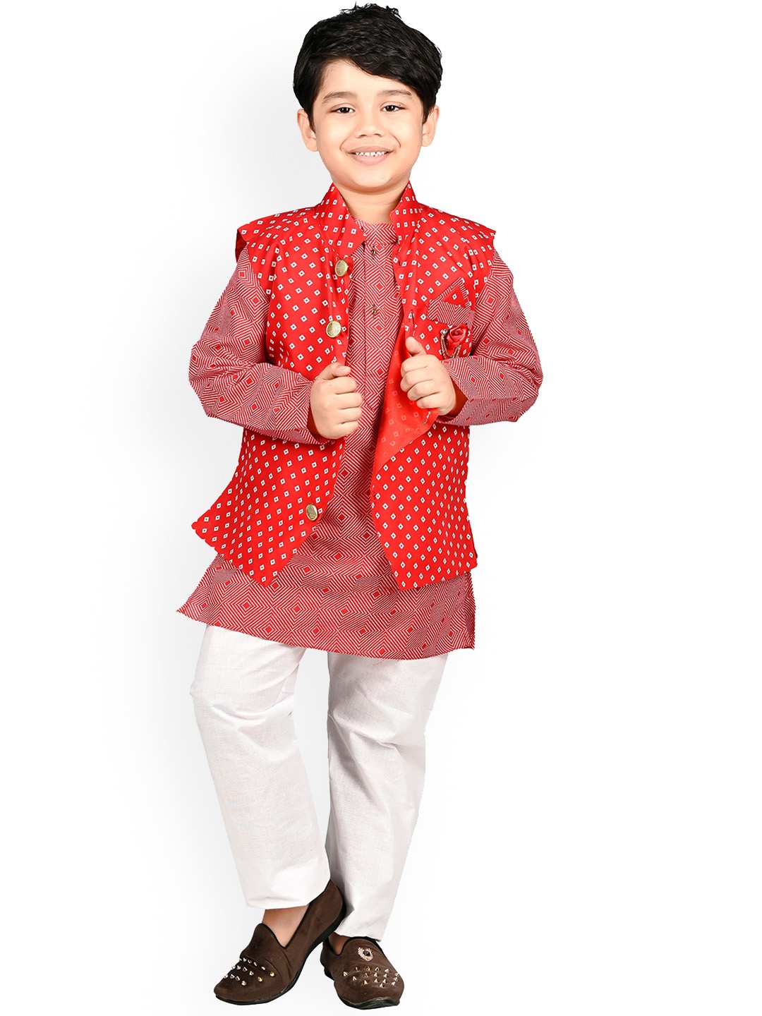

BAESD Boys Printed Regular Kurta With Pyjamas & Nehru Jacket, Red