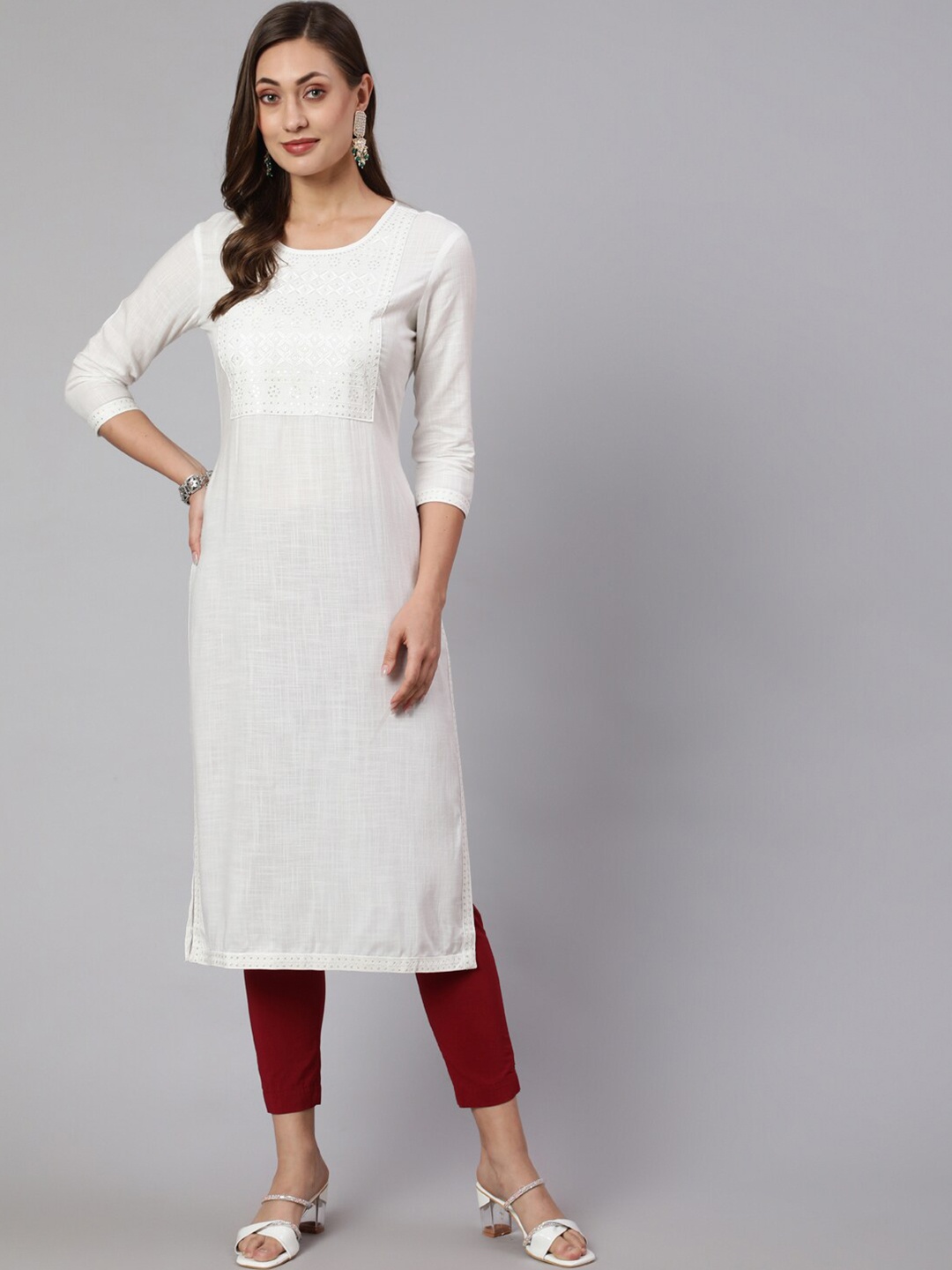 

KALINI Ethnic Motifs Yoke Design Sequinned Kurta, White