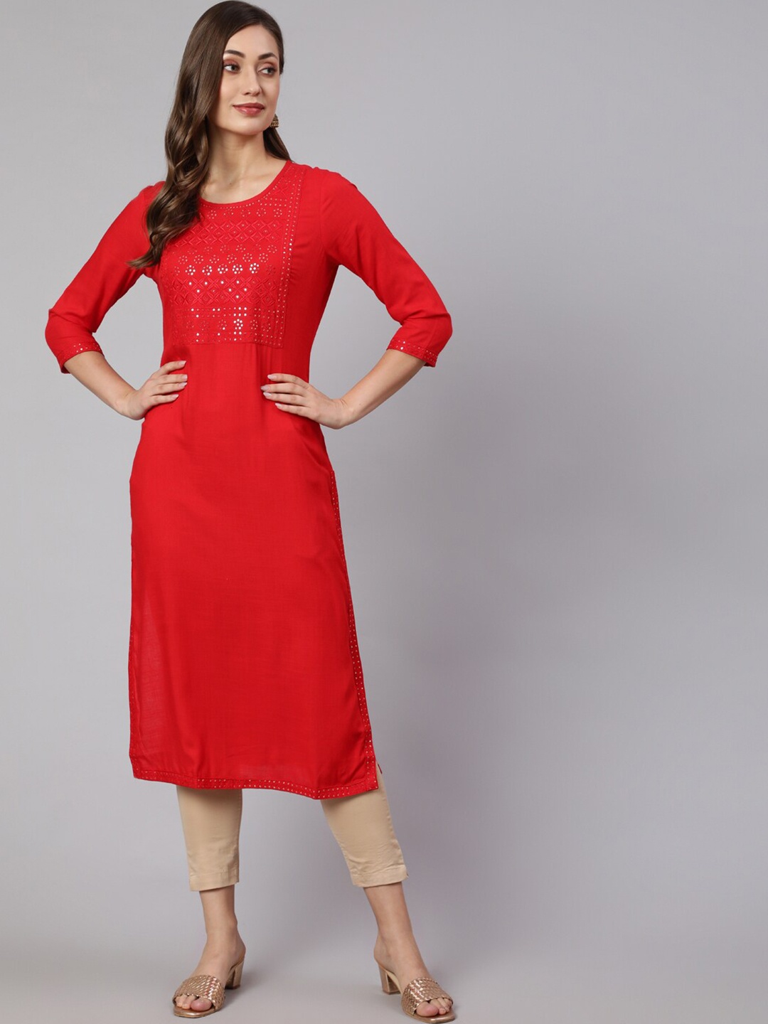 

KALINI Ethnic Motifs Yoke Design Straight Kurta, Red