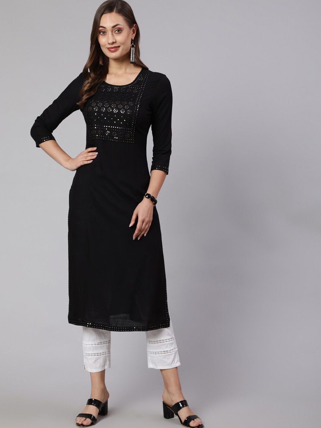 

KALINI Ethnic Motifs Embroidered Sequinned Straight Kurta, Black