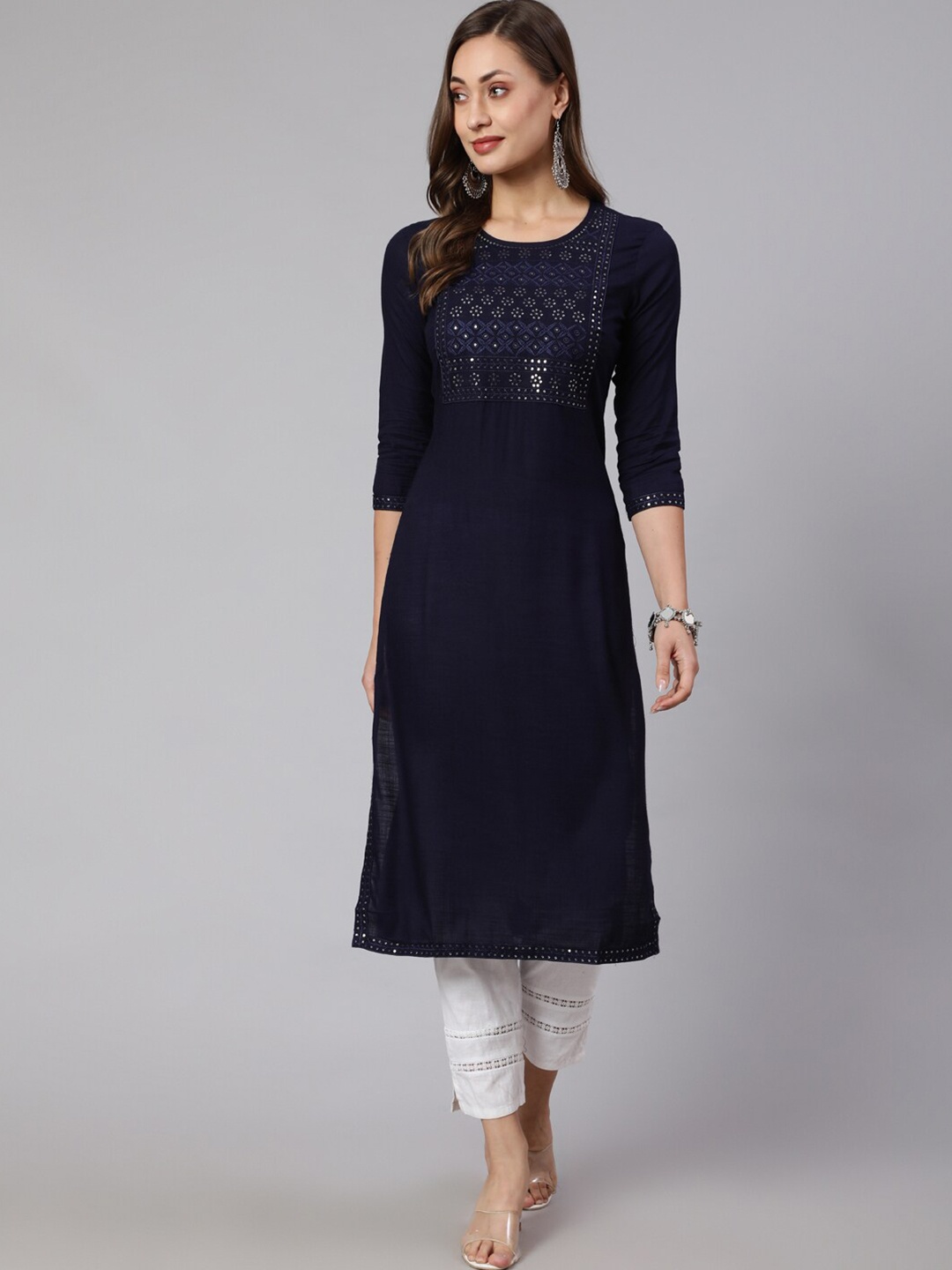 

KALINI Ethnic Motifs Embroidered Sequinned Straight Kurta, Navy blue