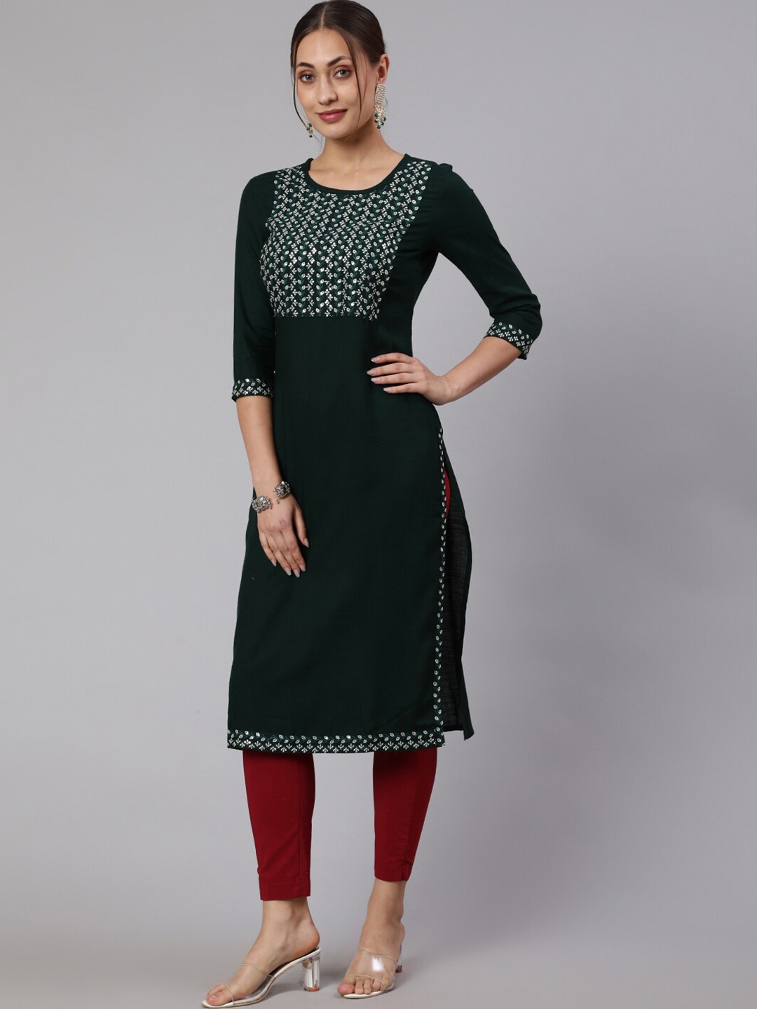 

KALINI Ethnic Motifs Embroidered Yoke Design Kurta, Green