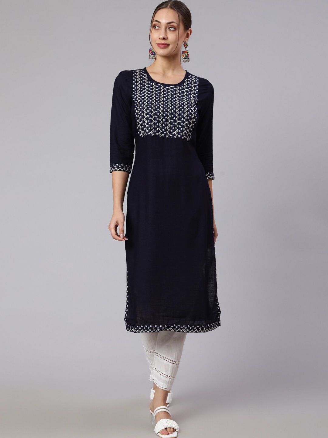 

KALINI Ethnic Motifs Yoke Design Embroidered Straight Kurta, Navy blue