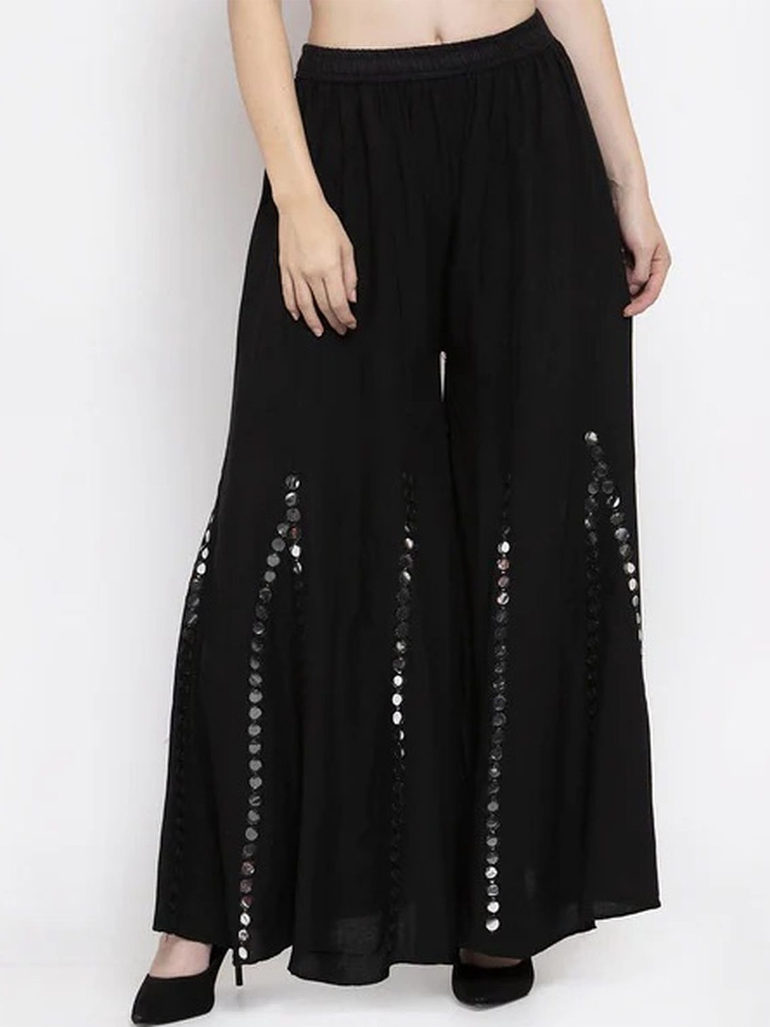 

BCZ Style Women Hem Design Flared Handloom Palazzos, Black